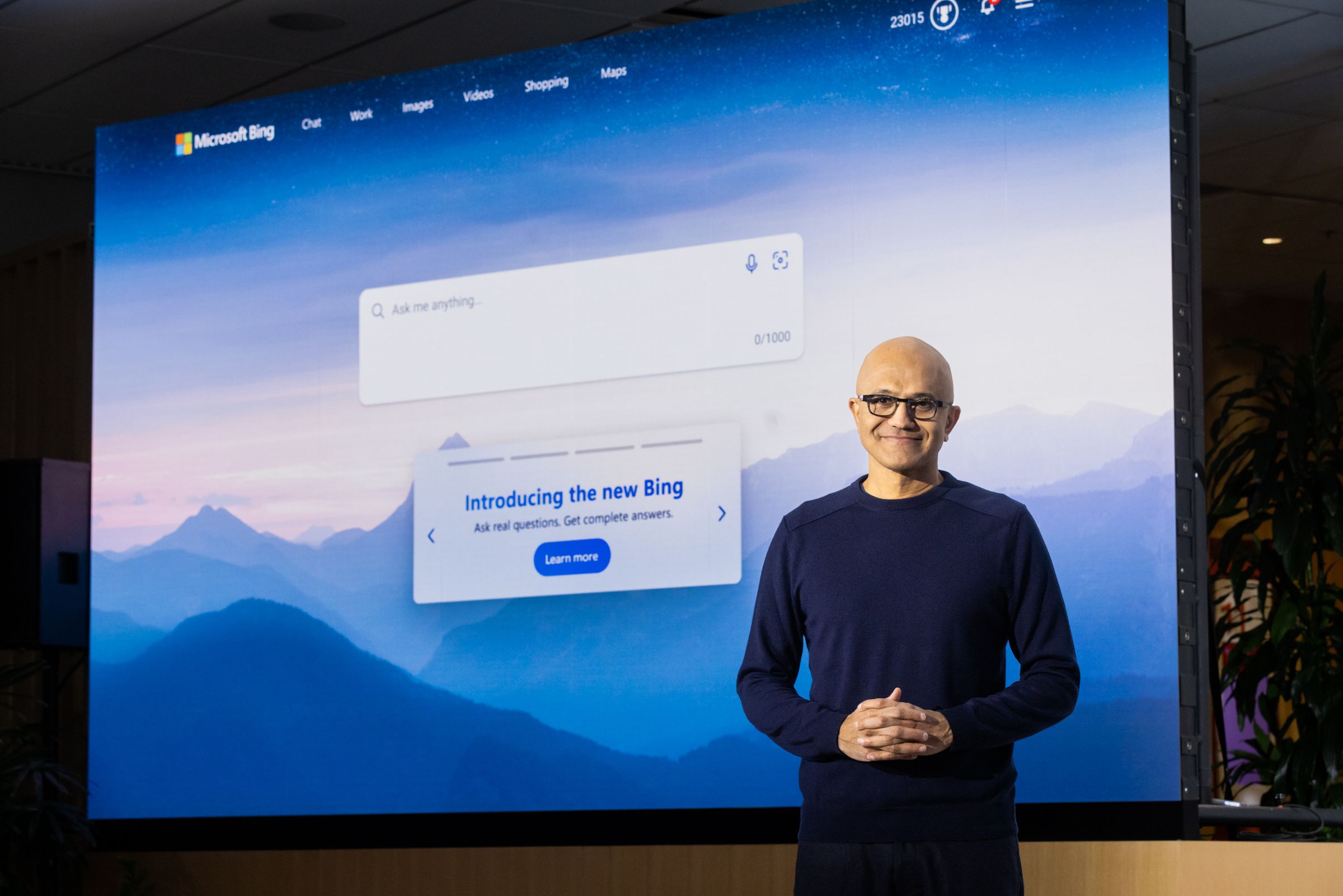 Microsoft CEO Satya Nadella appeared onstage early for the Bing event.