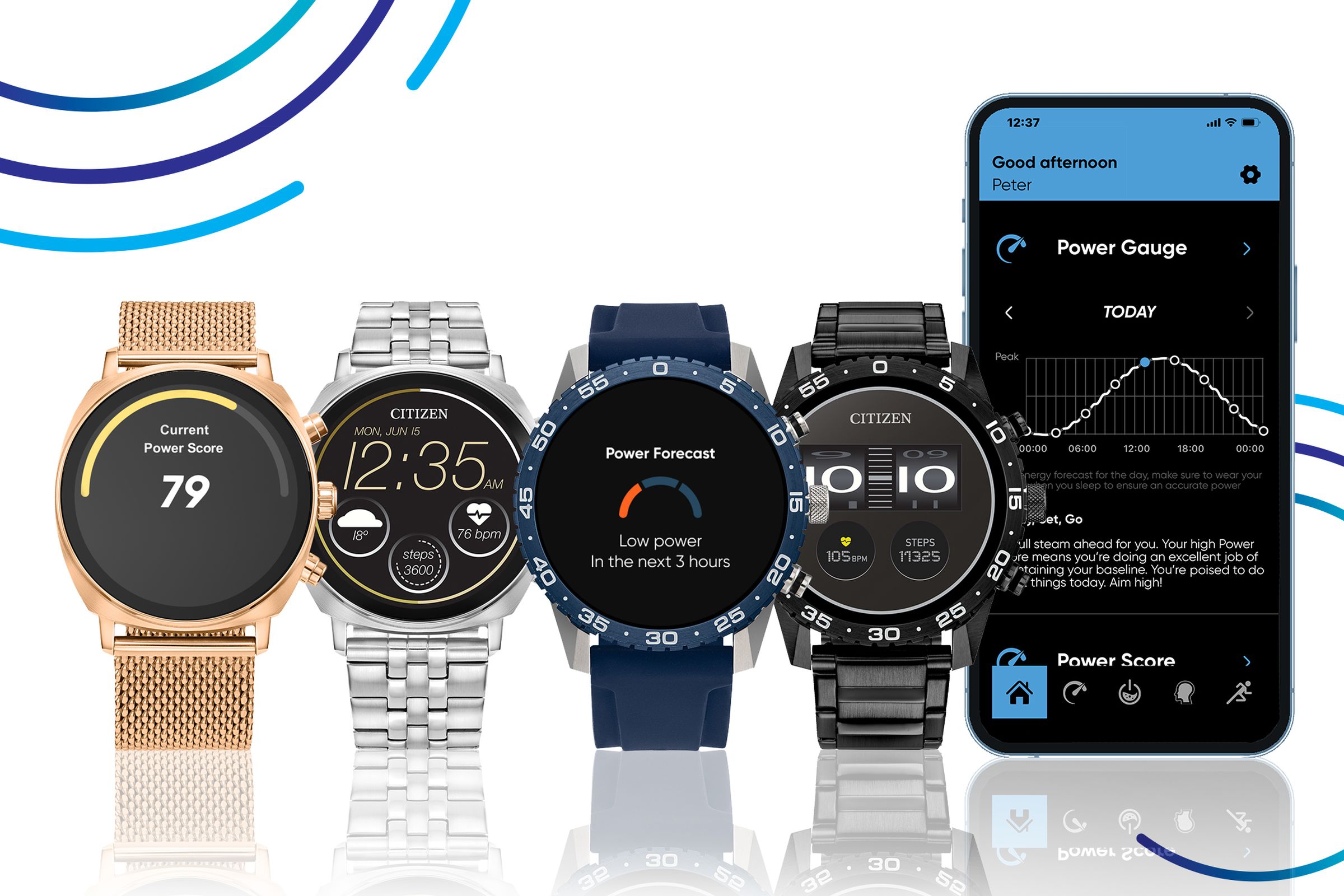 Citizen CZ Smart Casual and Sport models side by side with a screenshot of the CZ Smart YouQ app.