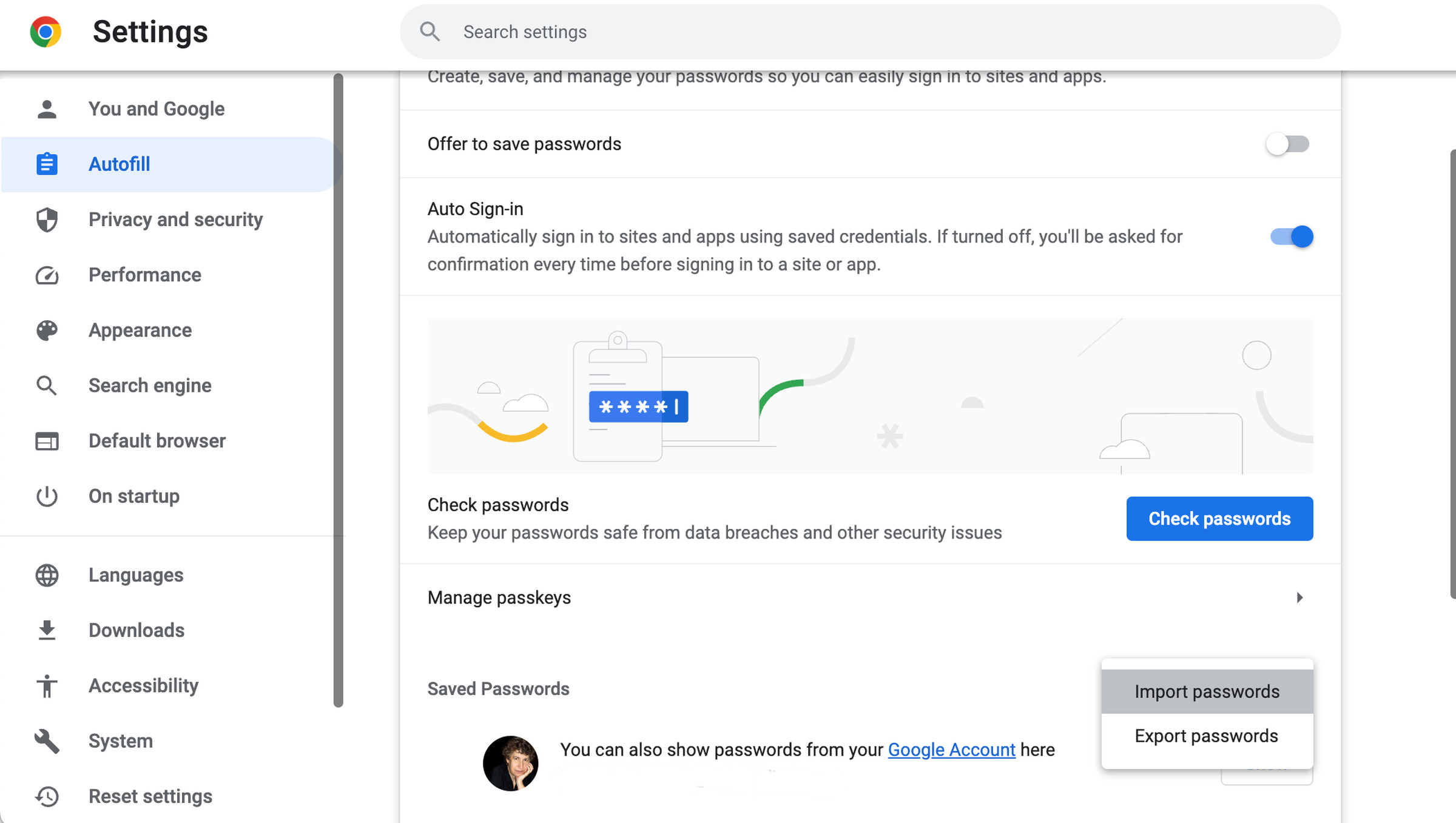 Settings page showing password manager settings.