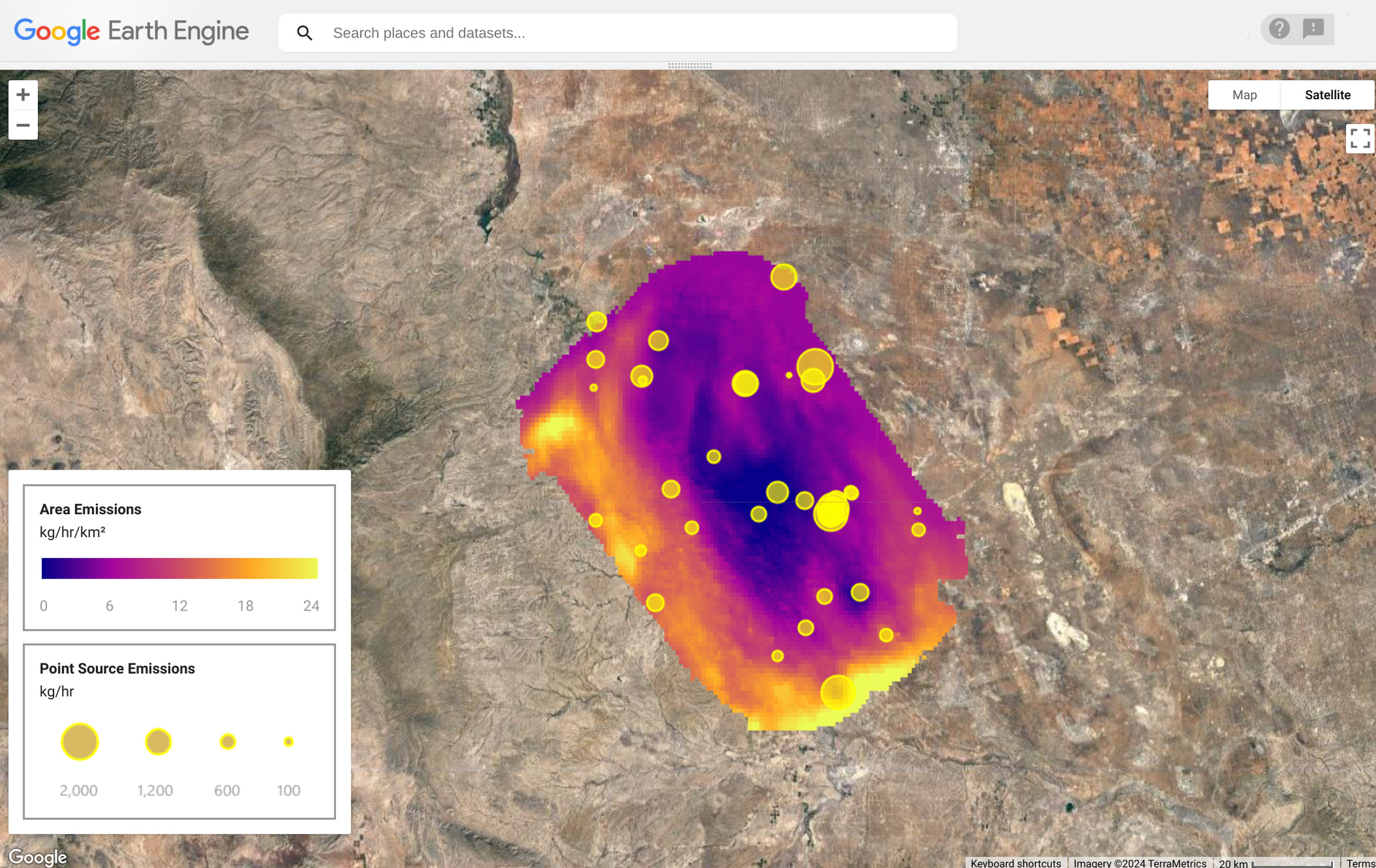 A heat map of methane emissions is layered on top of a satellite image of a section of Earth. A legend on the map shows that purple indicates lower concentrations of methane while warmer colors depict higher concentrations. Yellow dots depict high-emitting sources of pollution.