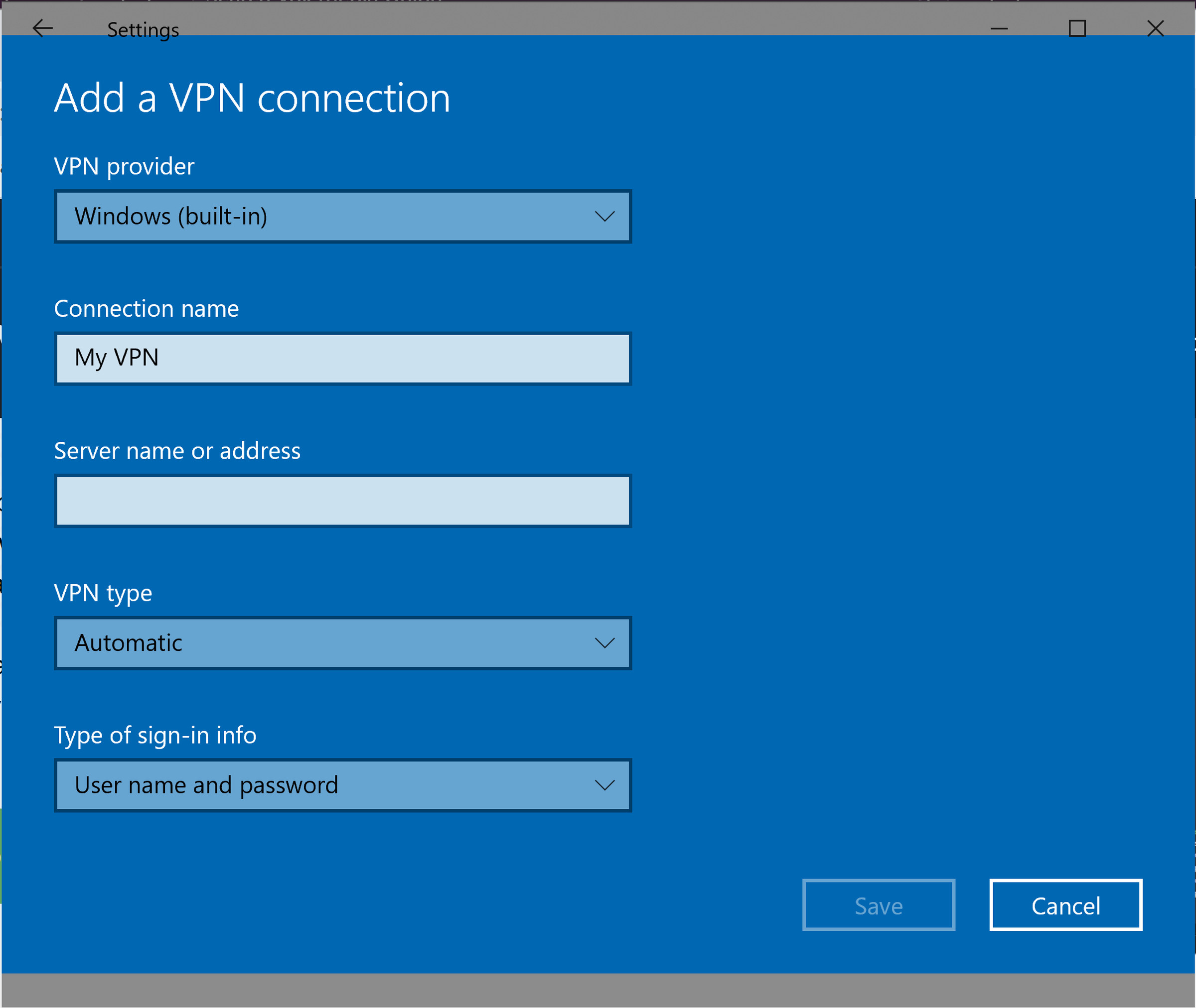 Add a VPN profile in Windows 10.