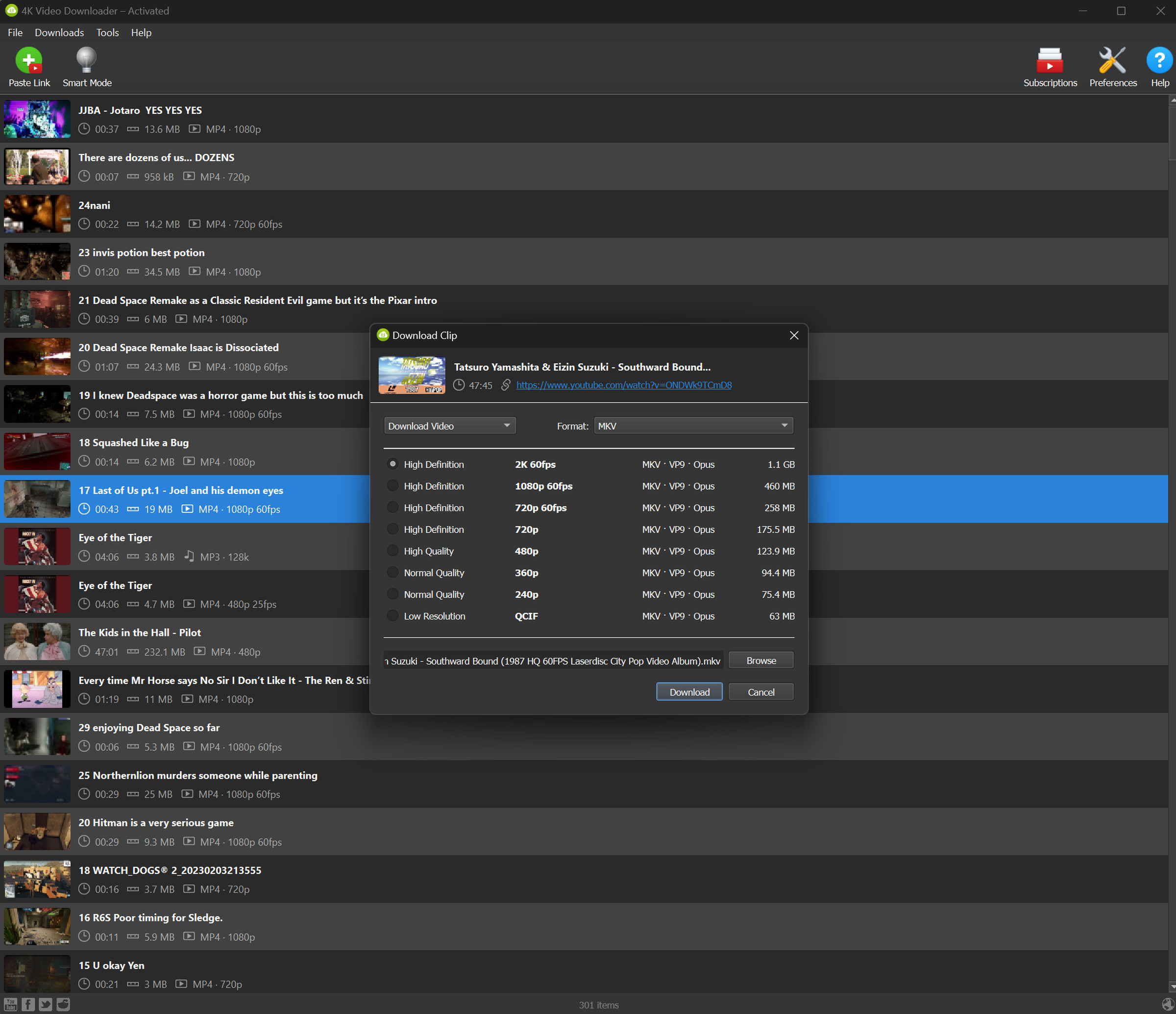 An interface showing 4k Video Downloader downloading a 1440p copy of Tatsuro Yamashita &amp; Eizin Suzuki - Southward Bound from YouTube.
