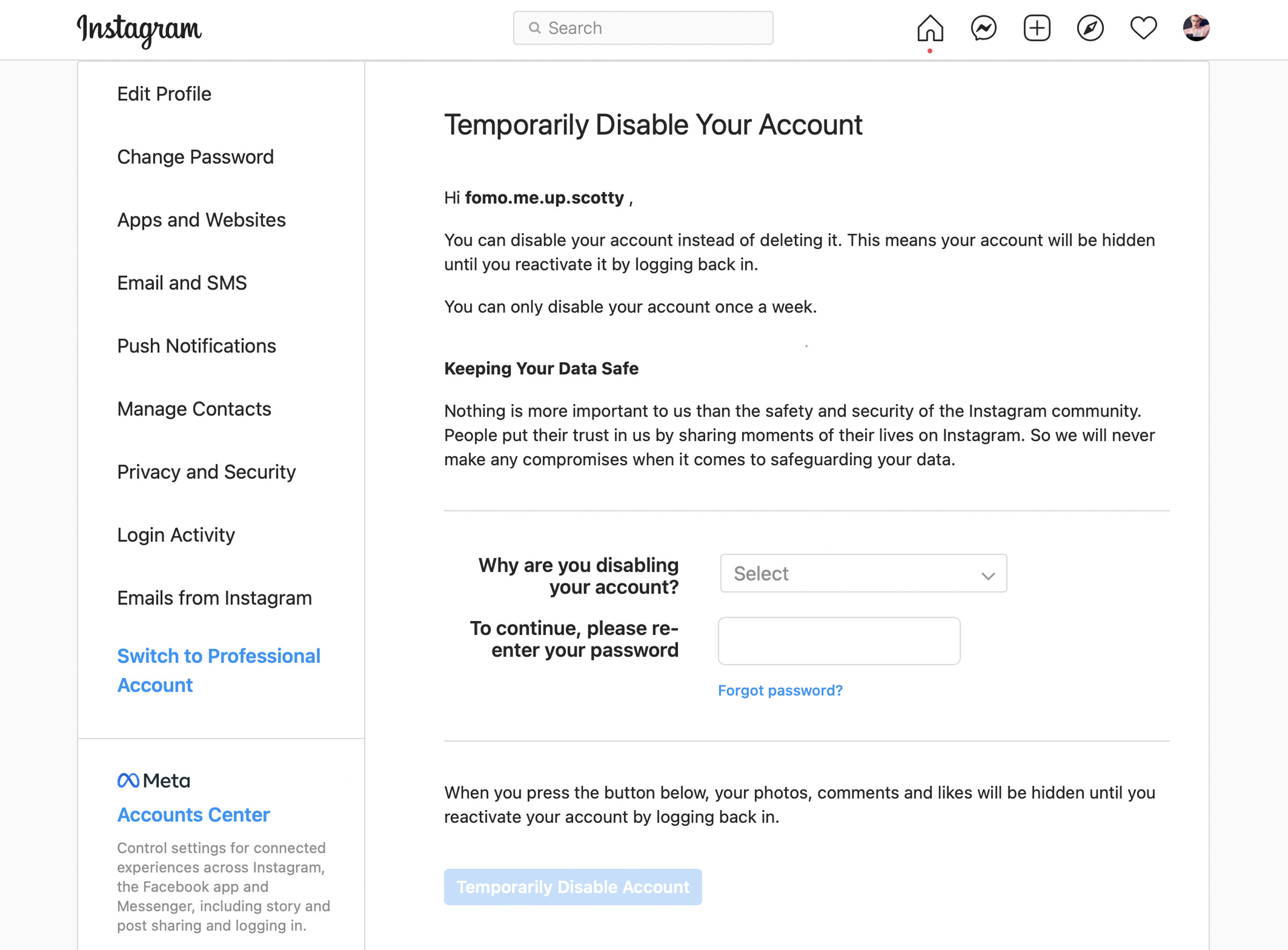 Instagram’s “Temporarily disable account” screen.