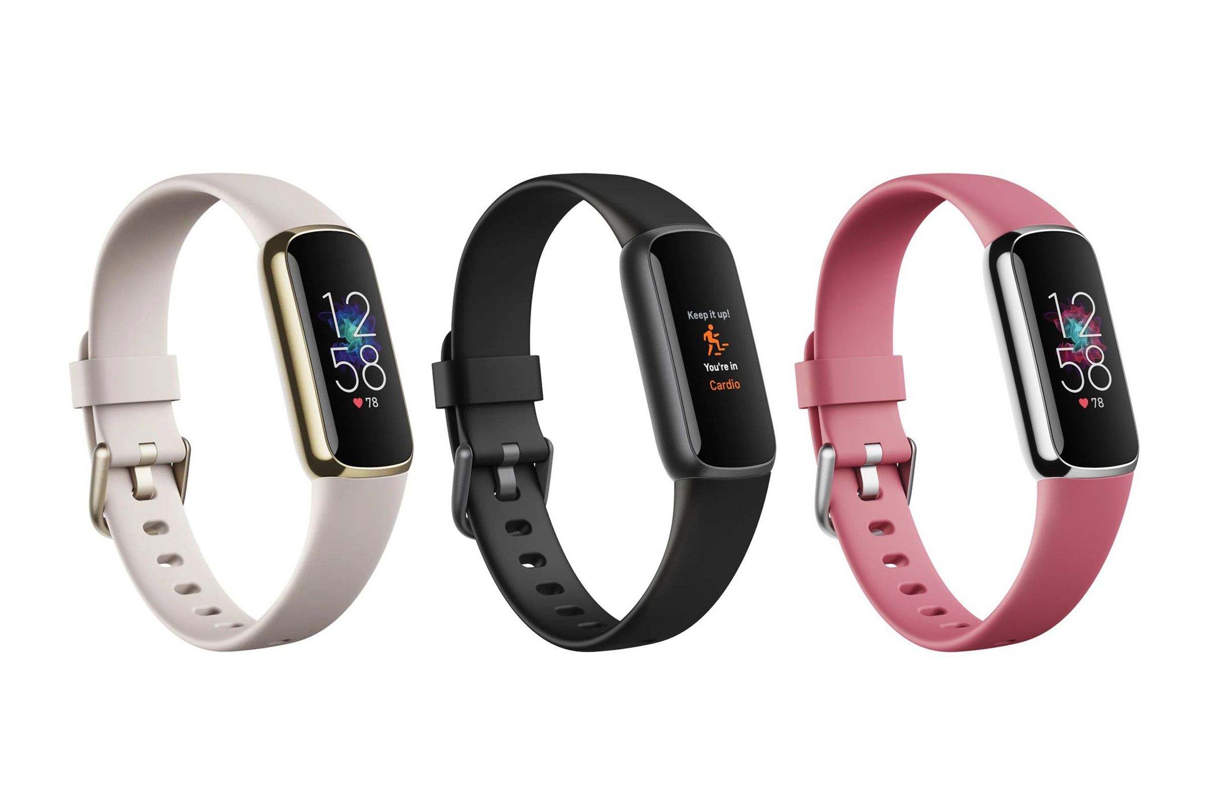 Image of the upcoming Fitbit Luxe showing three colors: gold, black, and silver.