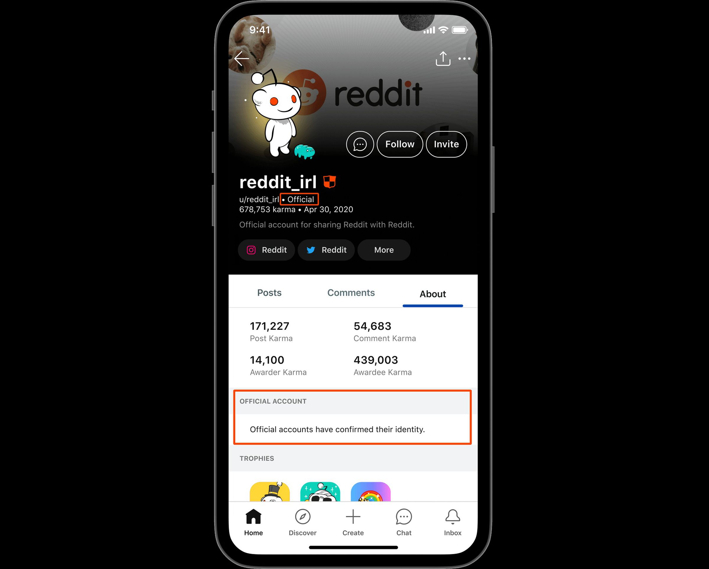 A screenshot of the reddit_irl account with two areas outlined in orange rectangles to draw attention to the new labels.