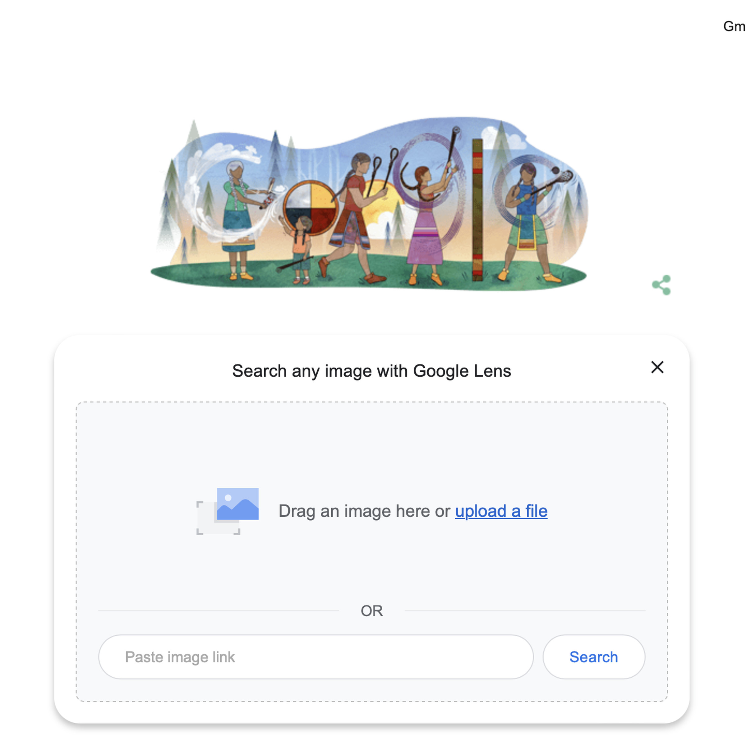 Screenshot of the Google homepage, showing the search image with Lens box.