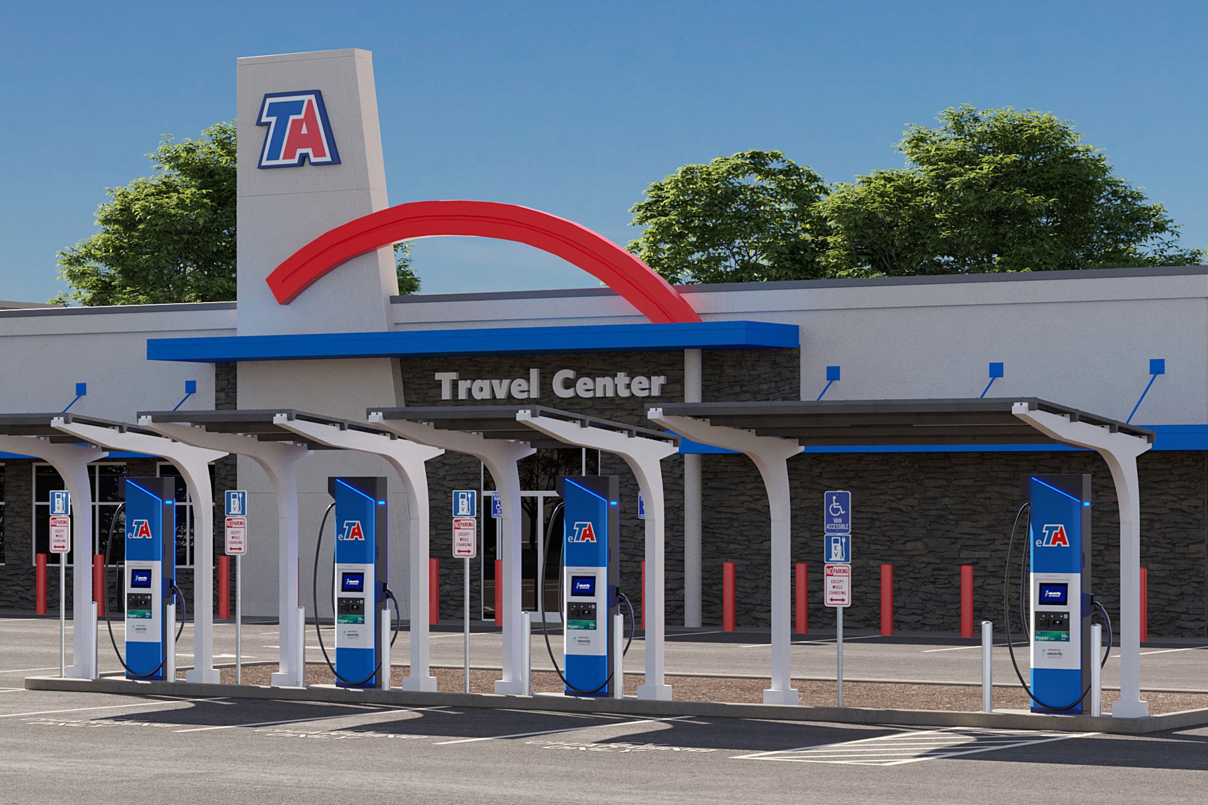 This TravelCenters of America 3D rendering shows a rest stop location with four EV charging stalls lined up in front of the building. the parking lot is empty.