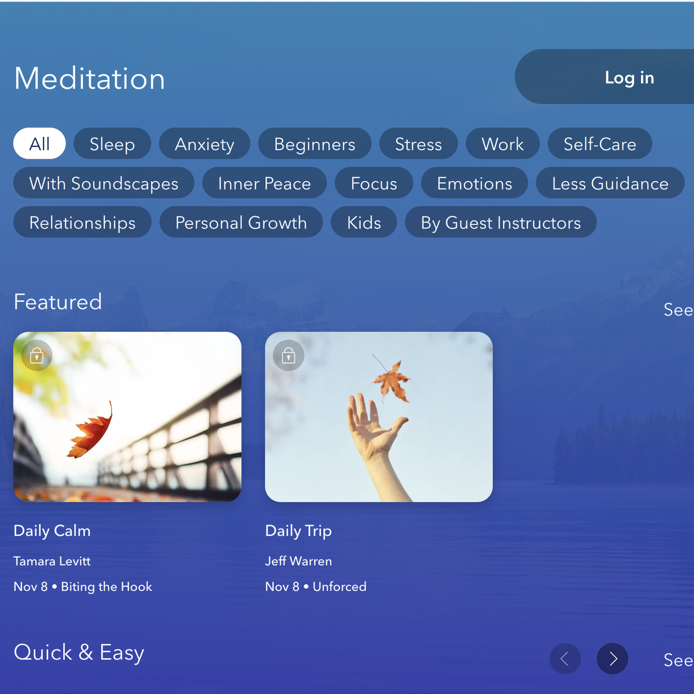 Web site for Calm app showing various types of medication classes available.