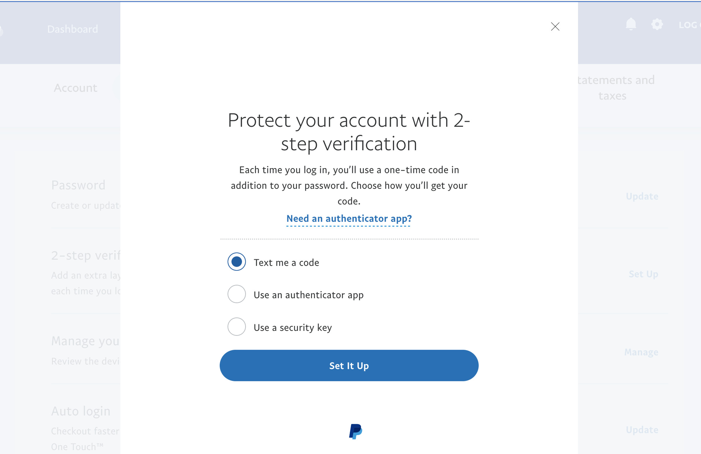 Page headed “Protect your account with 2-step verification” and then checkboxes for a code texted to you, an authenticator app, or a security key.