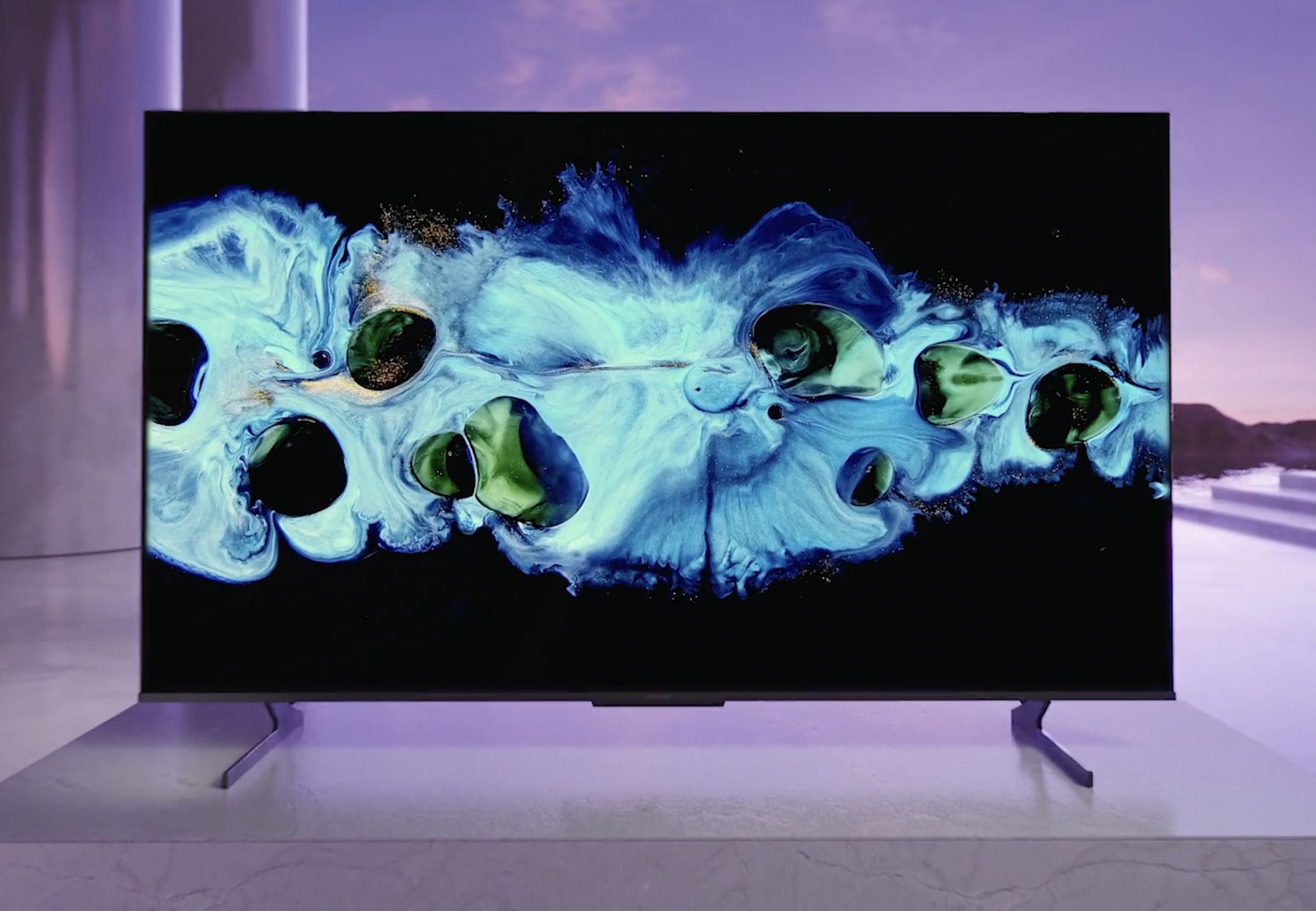 A press image / render of Hisense’s U8H with a colorful graphic displayed on its screen.