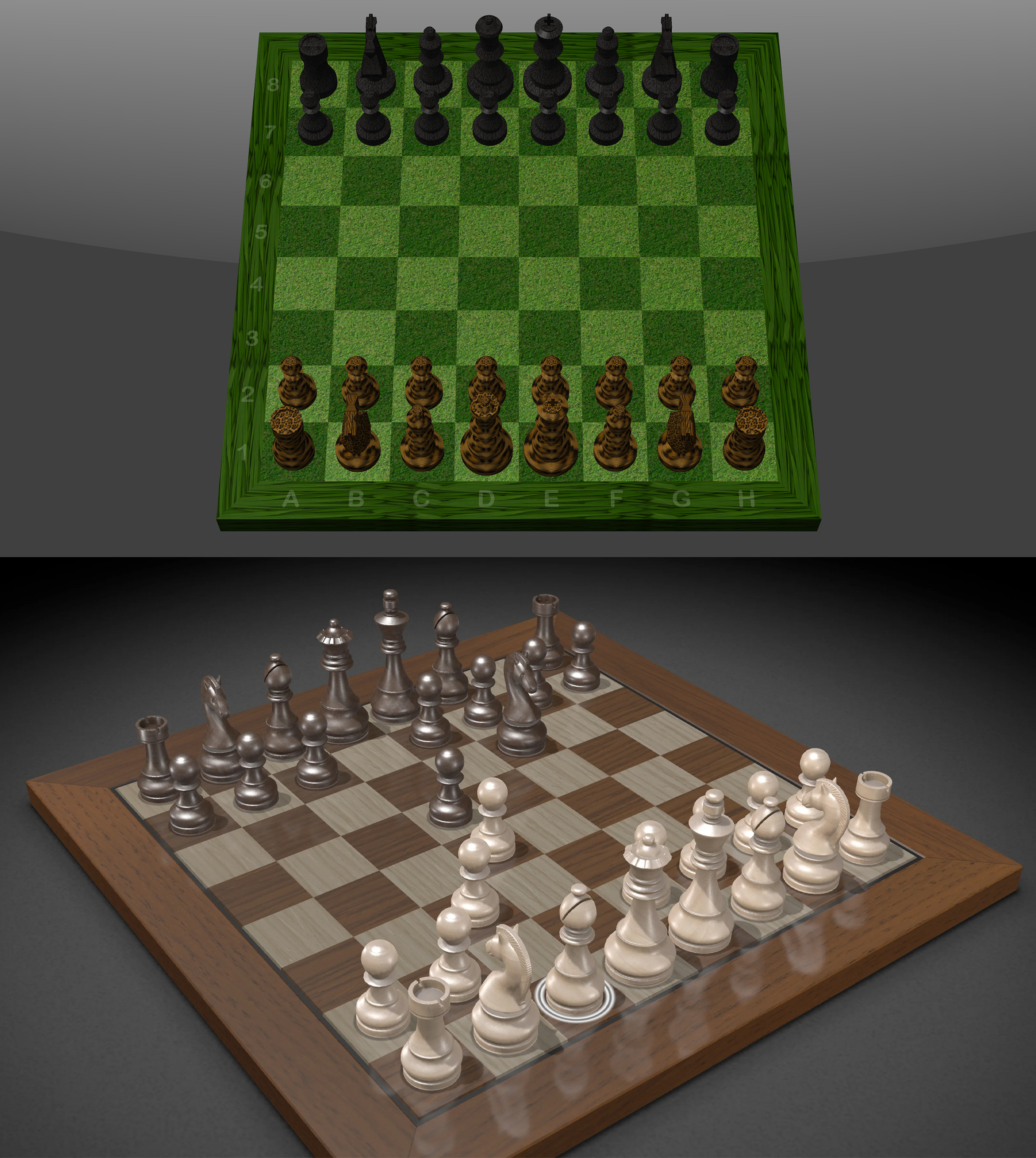 The current version with a grass board (top) versus the new version, which has shinier pieces that are reflected in the now-glossy board (bottom).