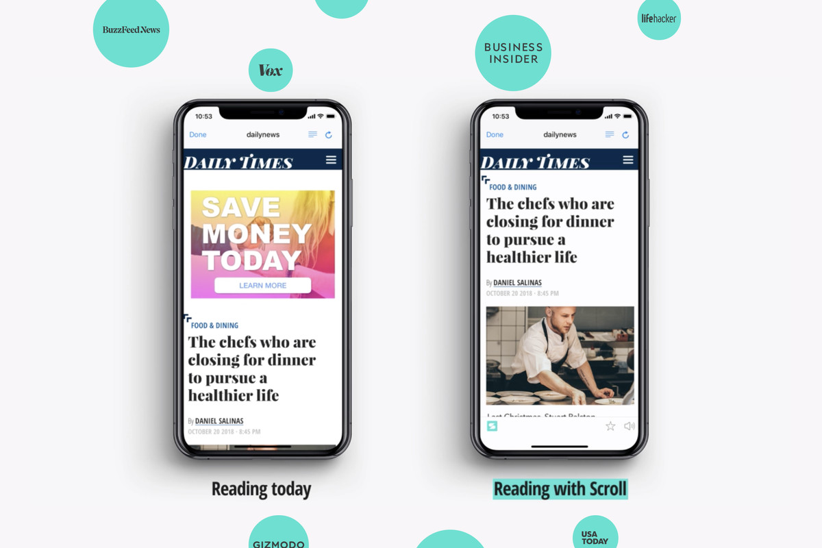 An add for Scroll. It shows two phones reading a website, where the one that says "Reading with Scroll" doesn't have the ad.
