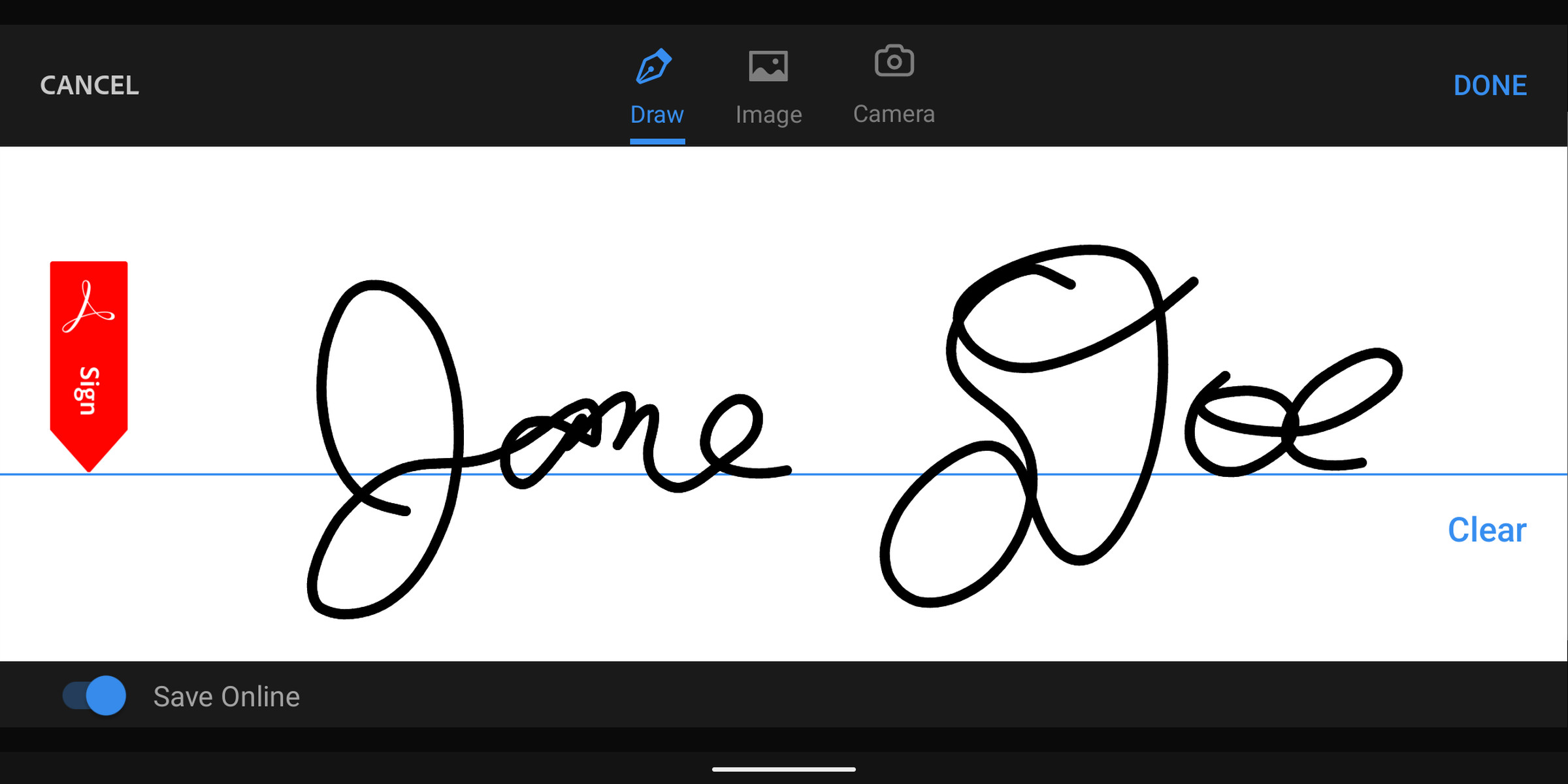 You can draw your signature on the screen, use an existing image, or take a photo.