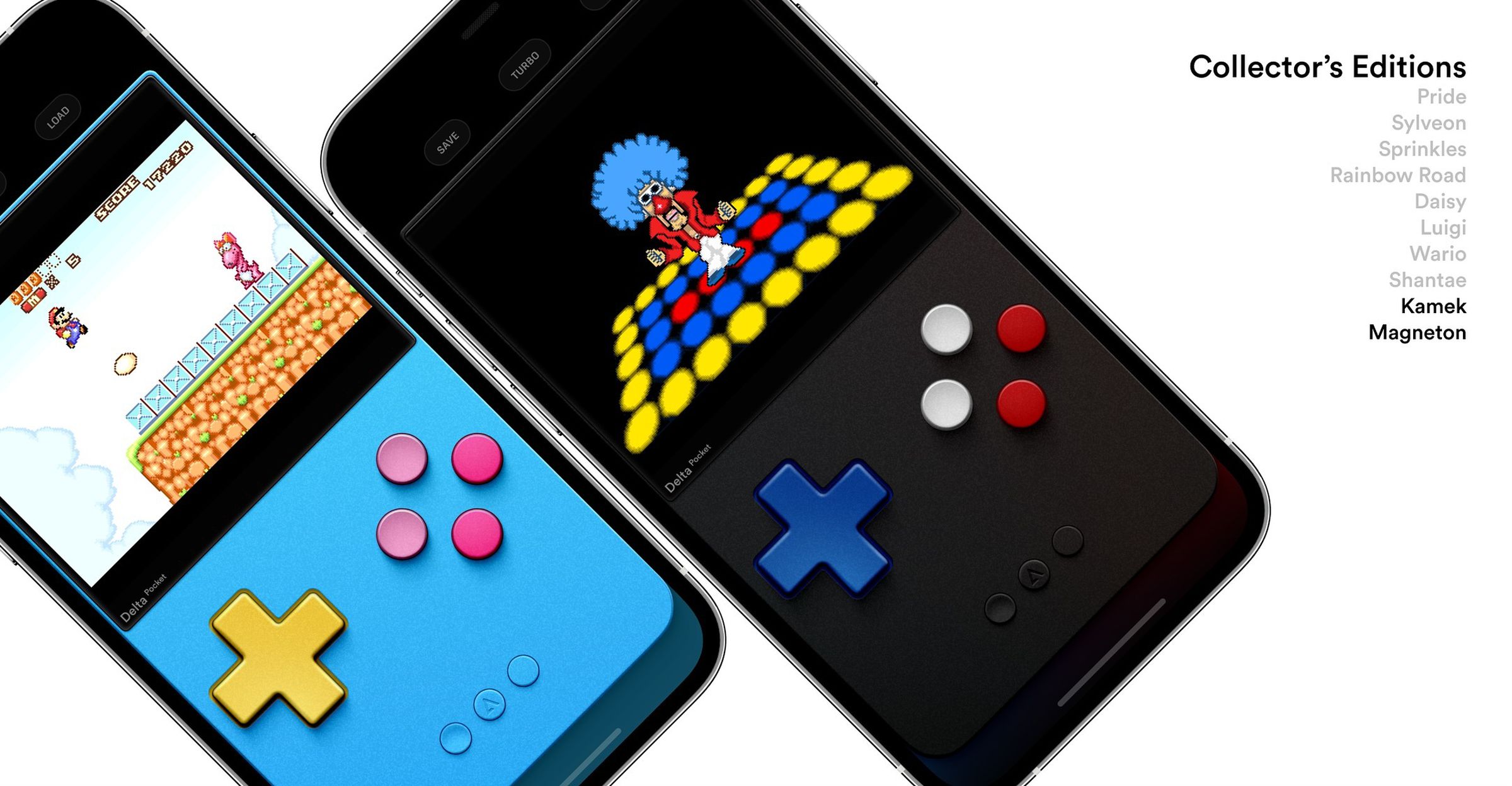 Two skins, one blue with pink and dark pink buttons and a yellow d-pad, one black with dark blue d-pad and white / red buttons.
