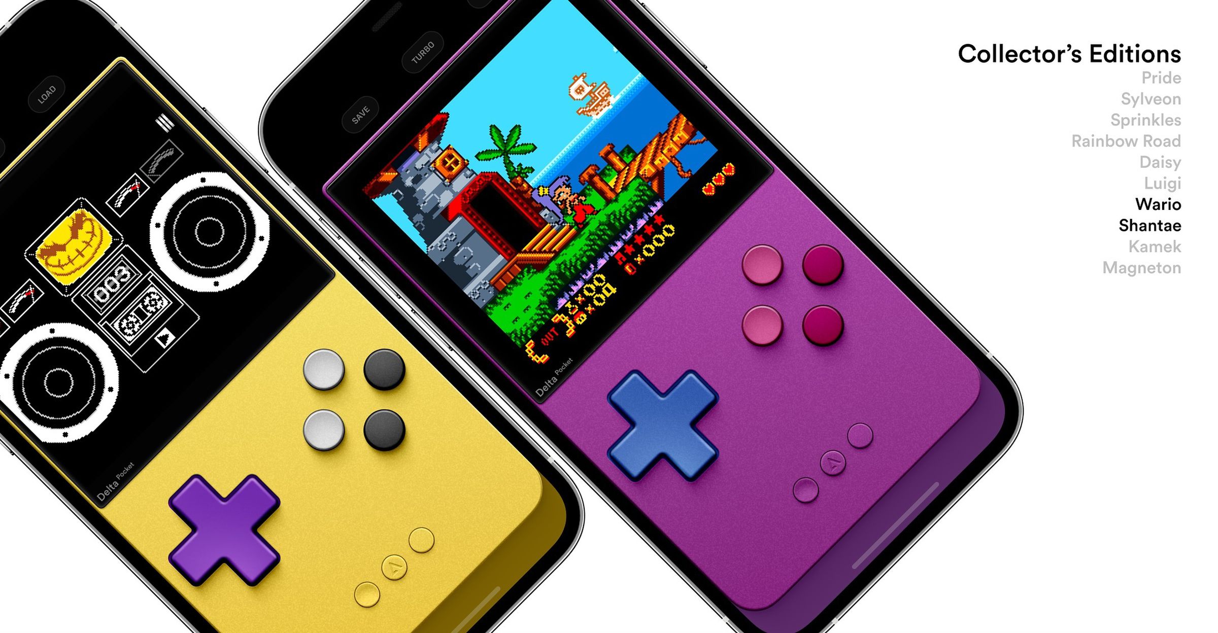 Two skins, one yellow with a purple D-pad and black and white buttons, one purple with a blue d-pad and pink / dark pink buttons.