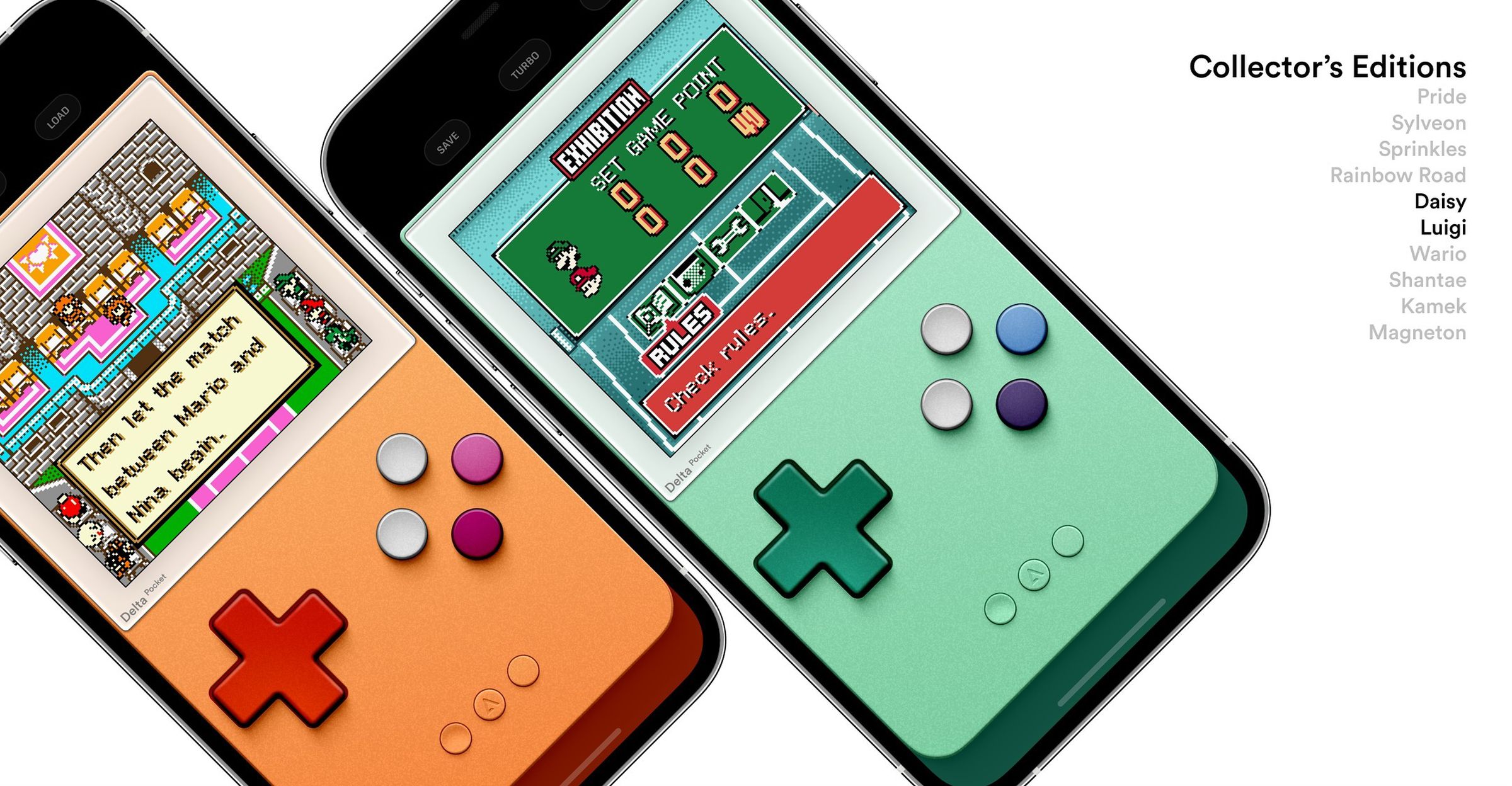 Two skins, one with a light orange color and dark orange d-pad with white, pink, and maroon buttons, one with a seafoam color, green d-pad, and white, light blue, and black buttons