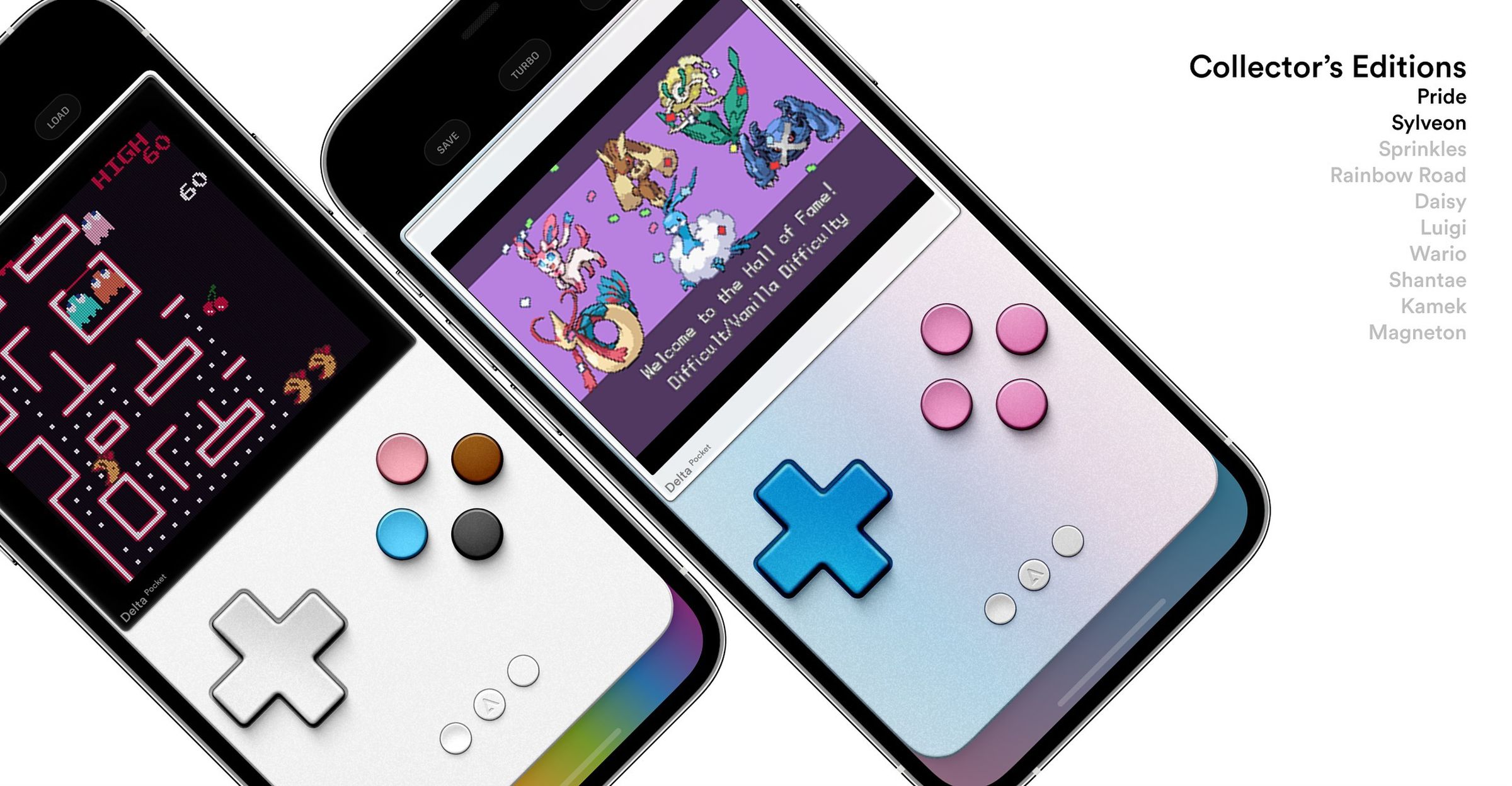Two skins showing trangender flag colors, one as a blue-to-pink gradient with pink buttons and a blue d-pad, one all white except for the buttons, which are pink, blue, brown, and black.