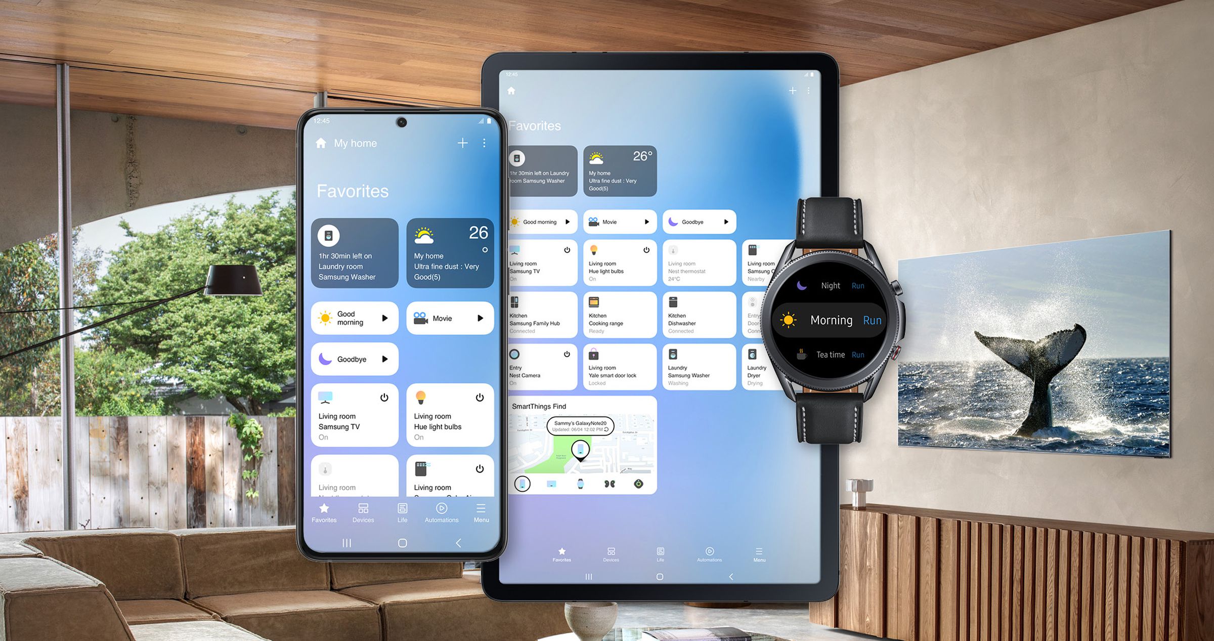 Samsung’s SmartThings app works with both third-party connected devices and Samsung’s smart appliances.