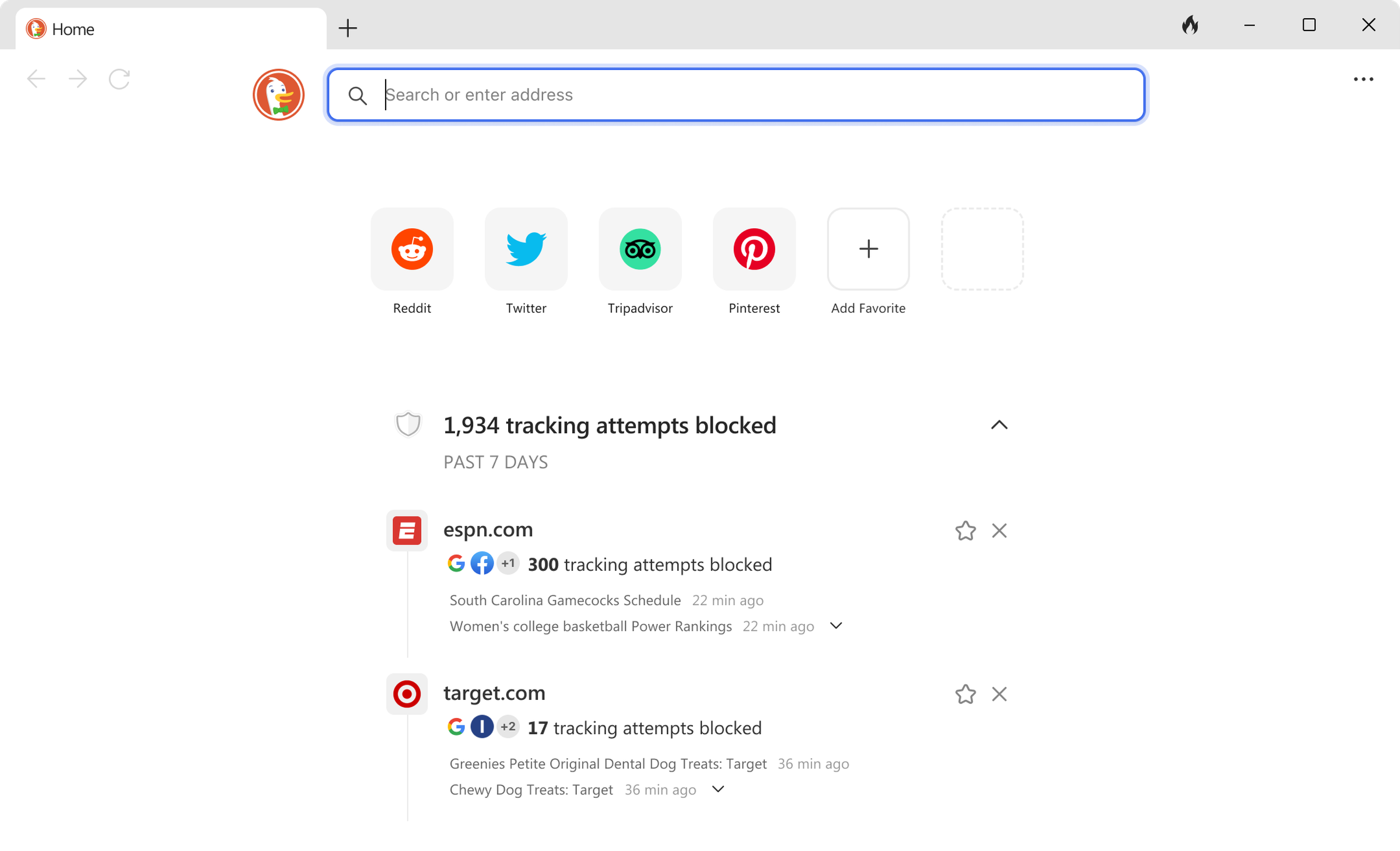 A screenshot of the DuckDuckGo homepage, showing bookmarks.