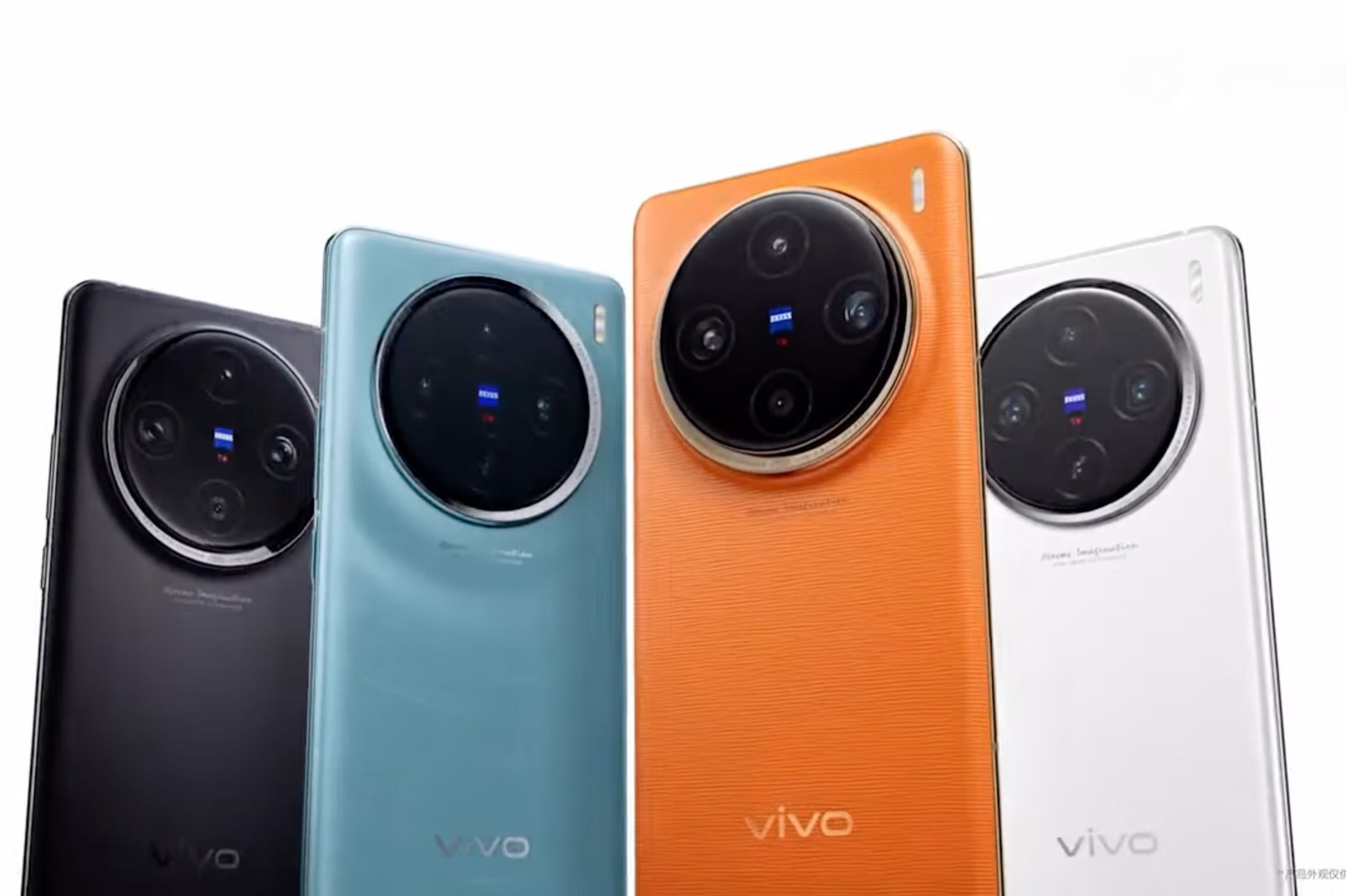Vivo X100 in black, blue, orange, and white.