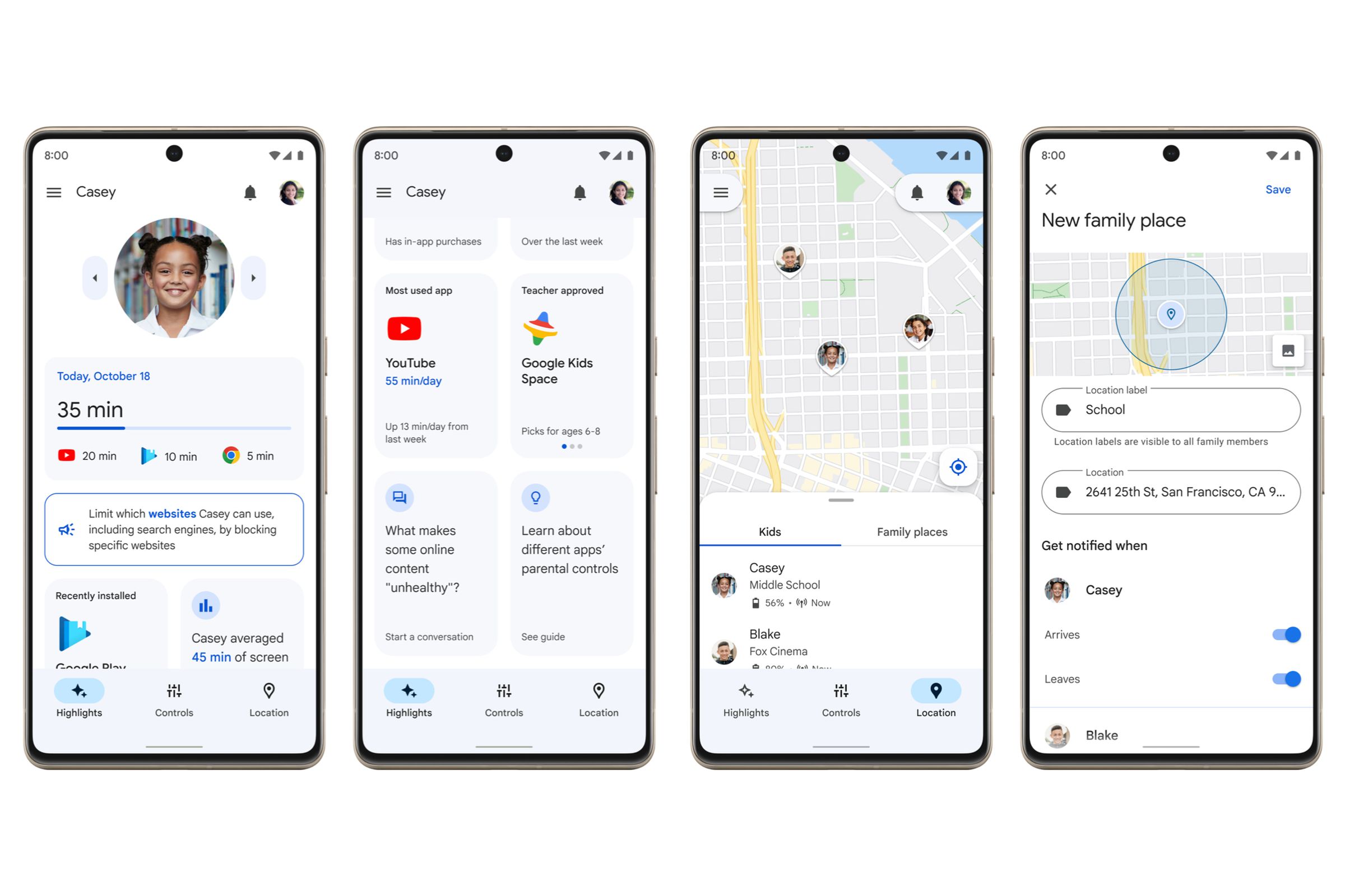 Highlights gives you a quick overview of what your kid is up to, and Location can now alert you when your kid leaves or arrives at certain locations.