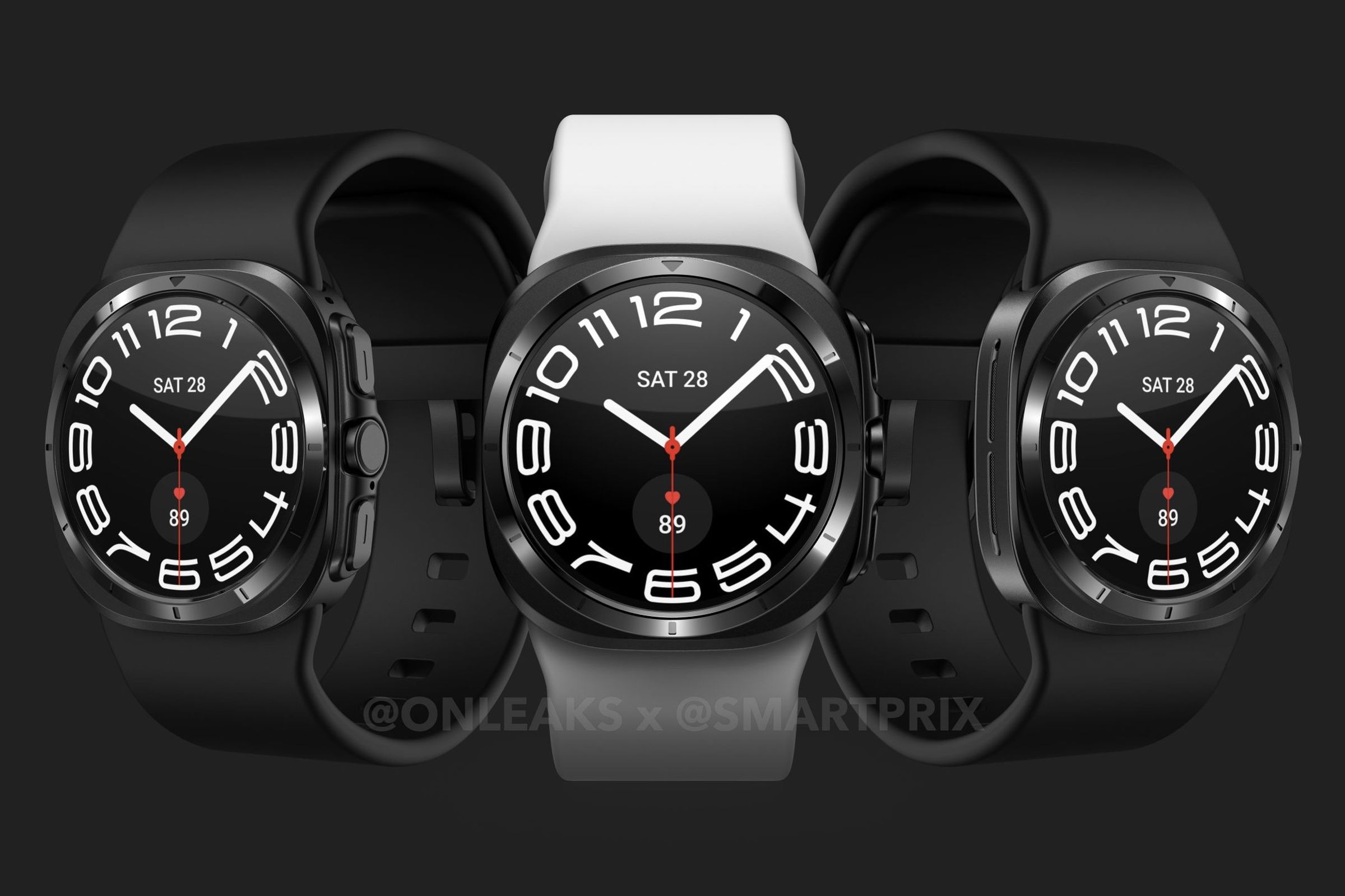 Three metallic dark finish smartwatches lined up with rubber wrist straps in white and black and black and white clockface. The body of the watch is a rounded-off square