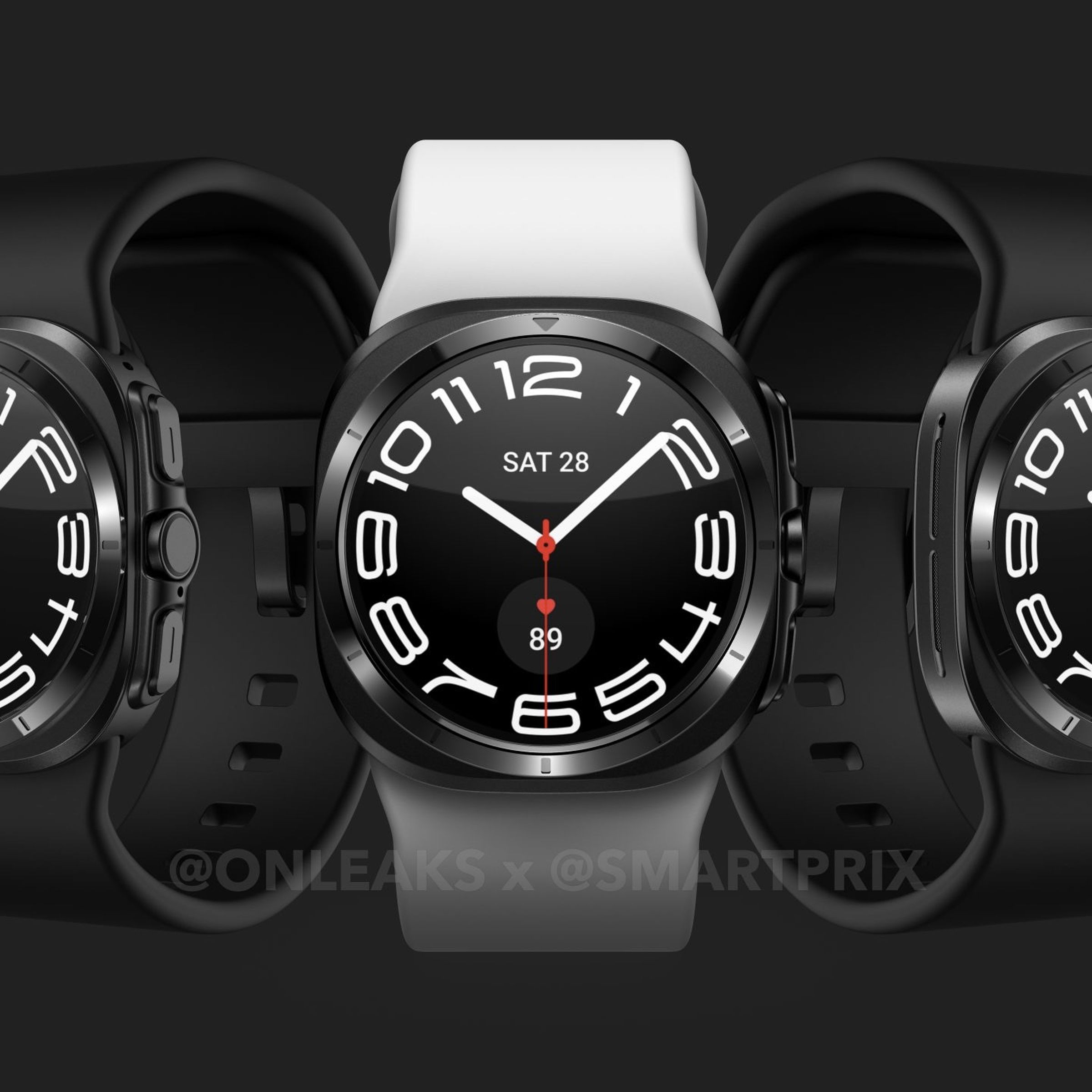 Three metallic dark finish smartwatches lined up with rubber wrist straps in white and black and black and white clockface. The body of the watch is a rounded-off square