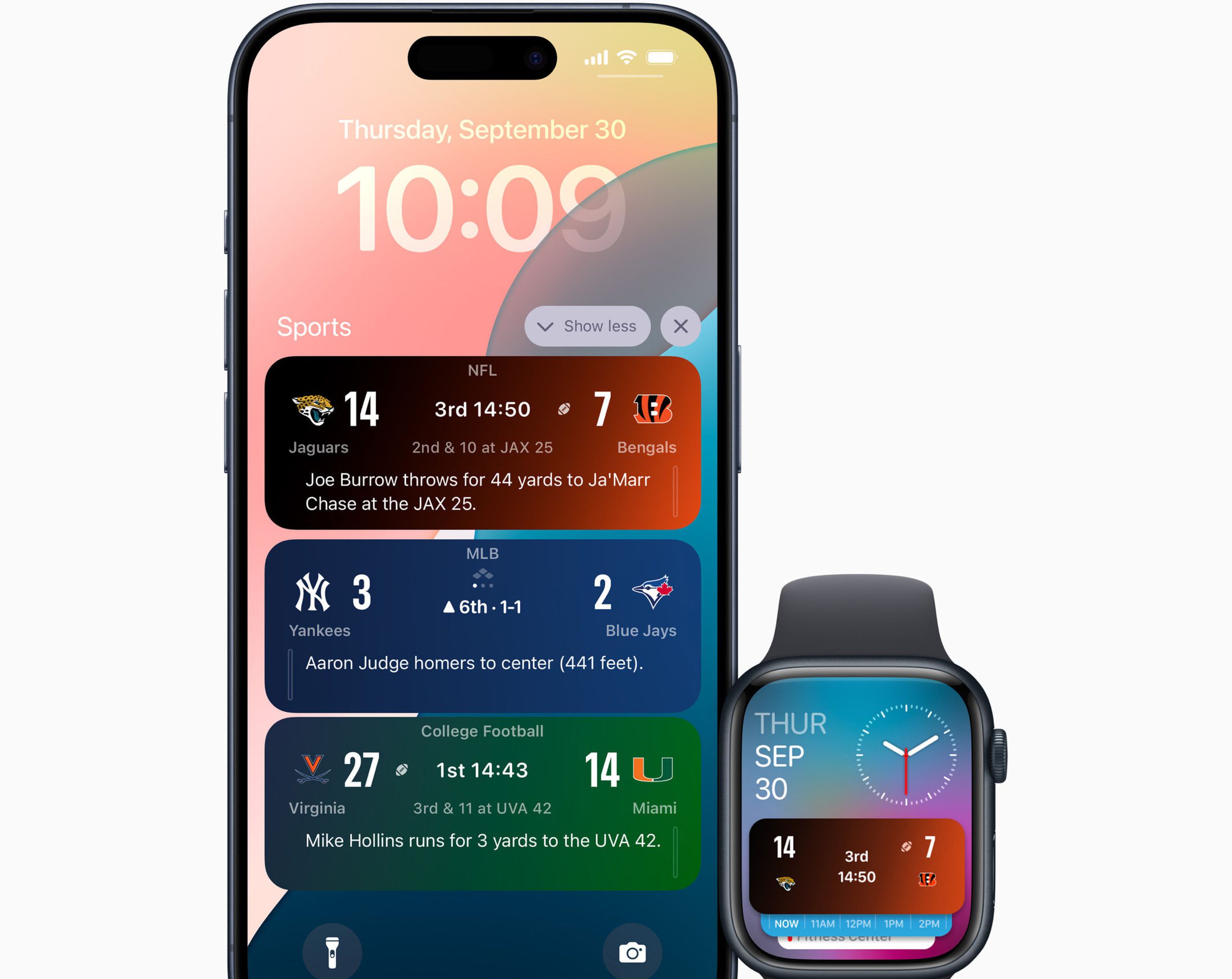 Simulated image of the Apple Sports app 2.0 Live Activities tracking scores on an iPhone and an Apple Watch.