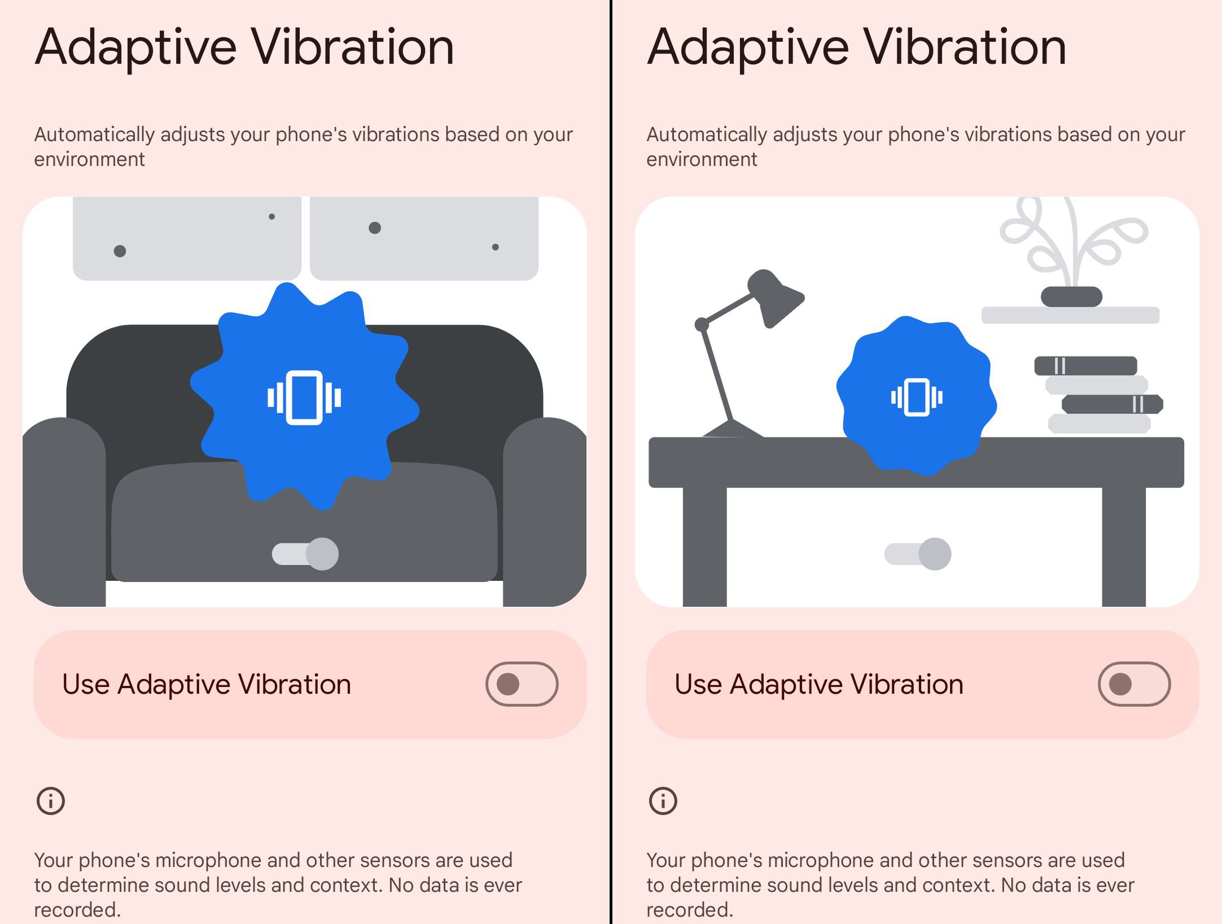 Screenshots of the adaptive vibration settings screen showing how it could be more intense on some survaces, and less intense on others.