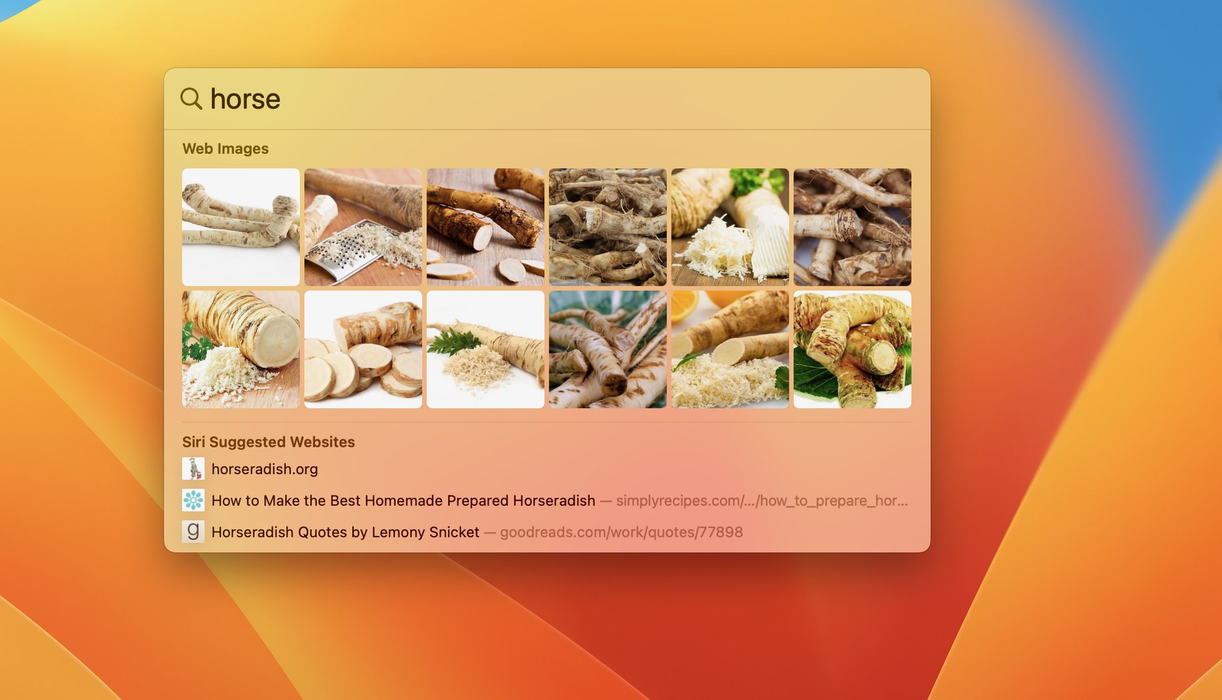 A screenshot of Spotlight in macOS Ventura with “horse” written in the search field. The Web Images results are a grid of horseradish pictures. The Siri Suggested Websites include horseradish.org, How To Make the Best Homemade Prepared Horseradish, and Horseradish Quotes by Lemony Snicket.