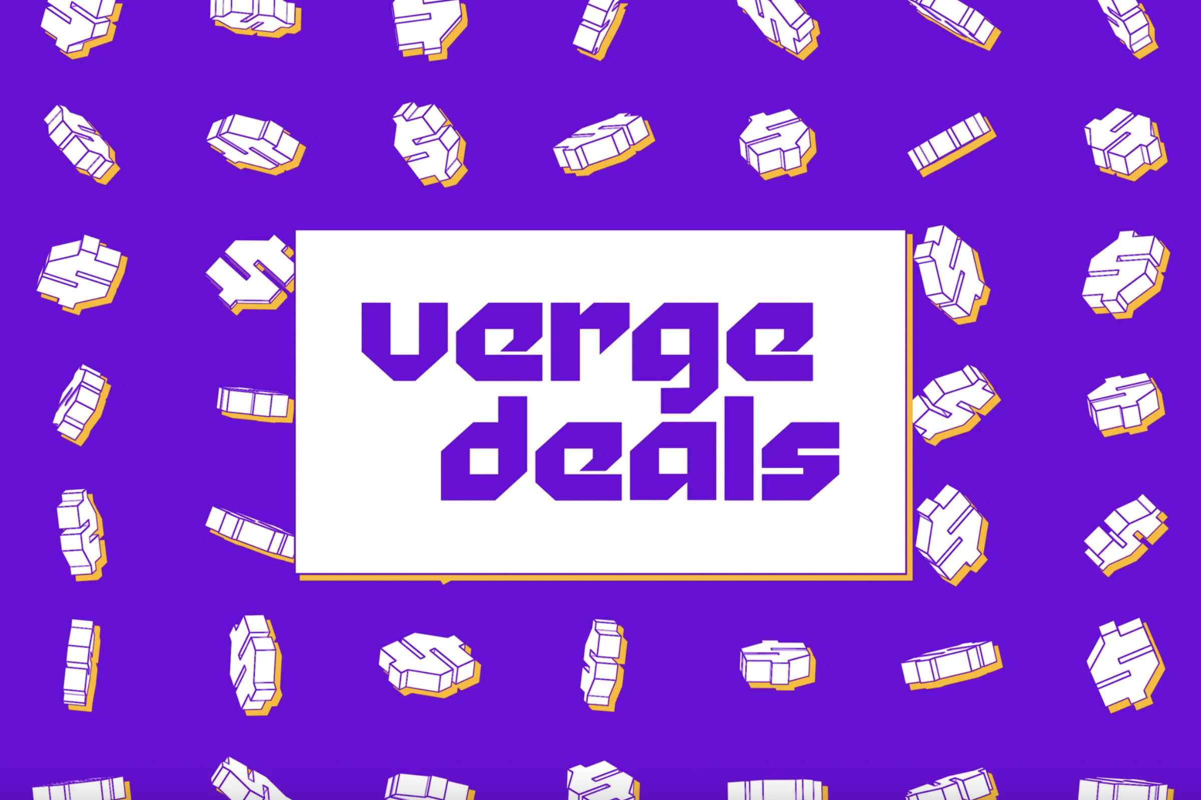 A graphic of the Verge Deals logo in front of a purple field of stylized dollar signs.