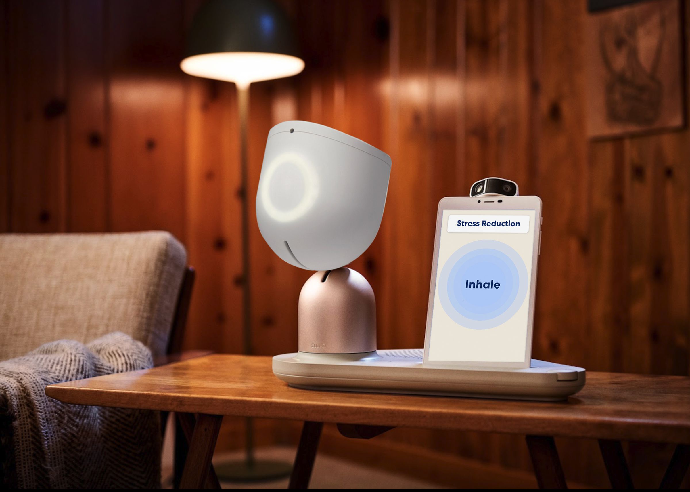 A picture of a robot consisting of a blank bobble “head” and digital display on a side table. 