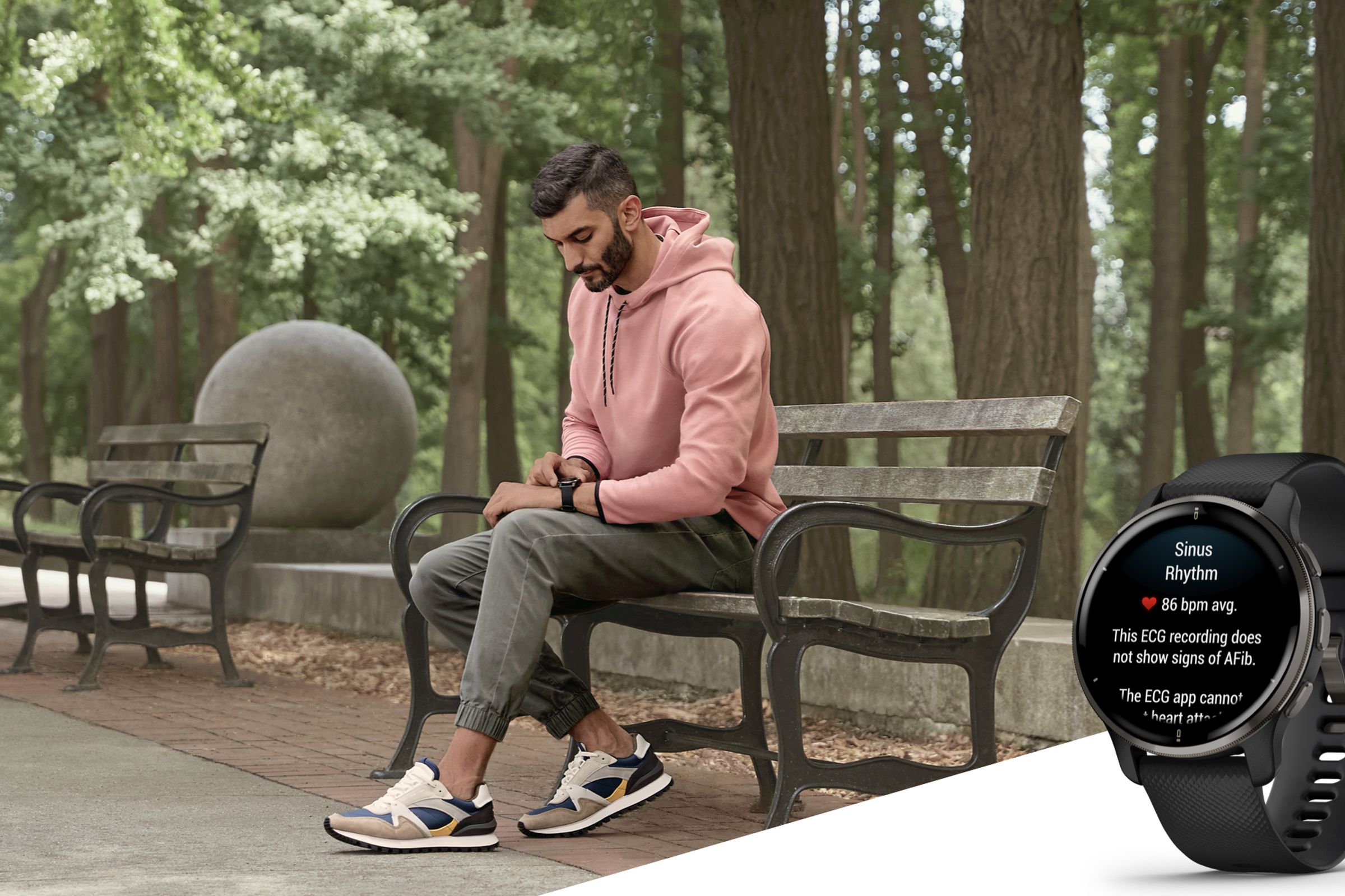 Man sitting on bench looking at Garmin Venu 2 Plus on wrist with render of watch showing the feature in lower right-hand corner.