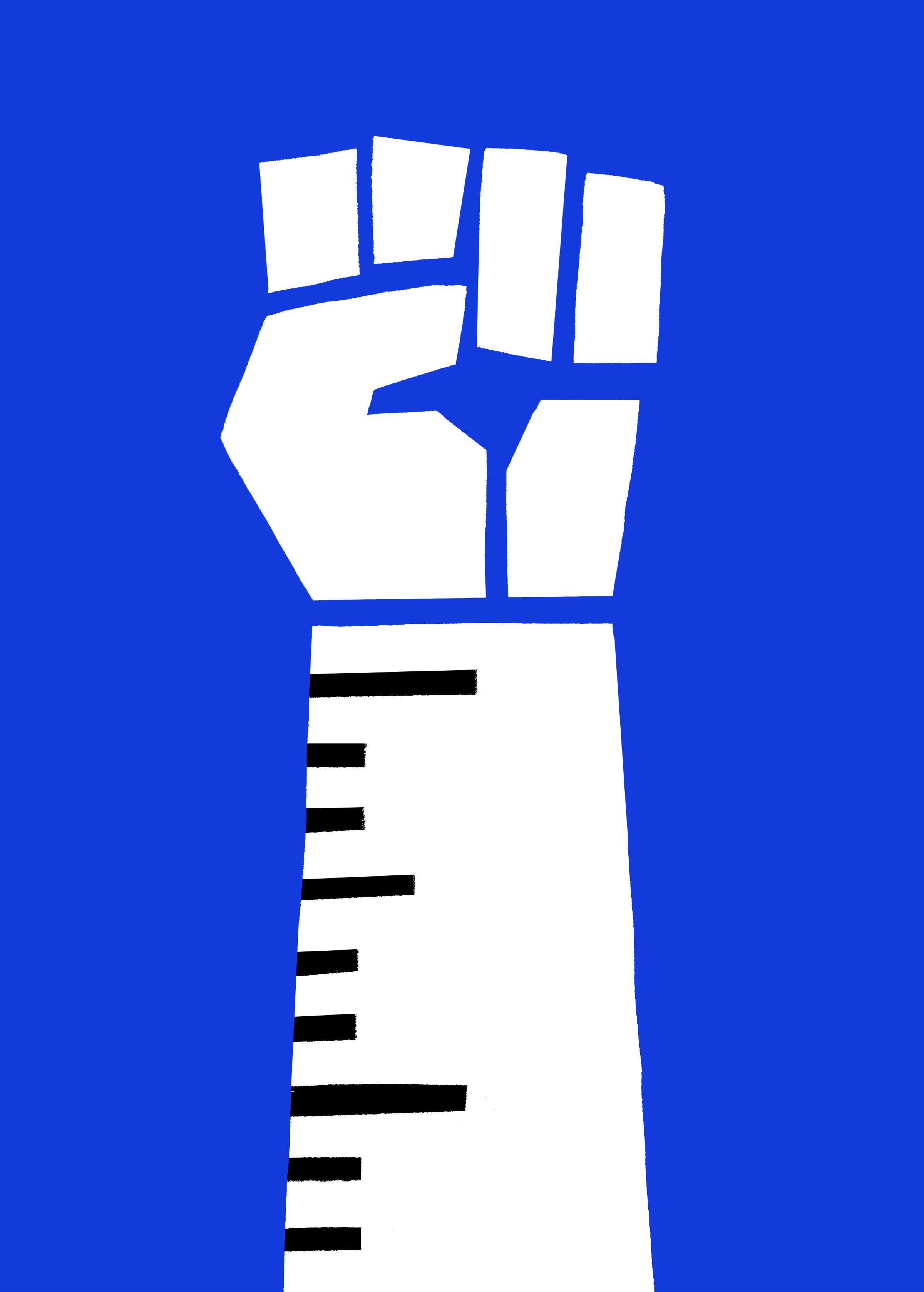 An illustration of a raised fist with a forearm that looks like a ruler. 