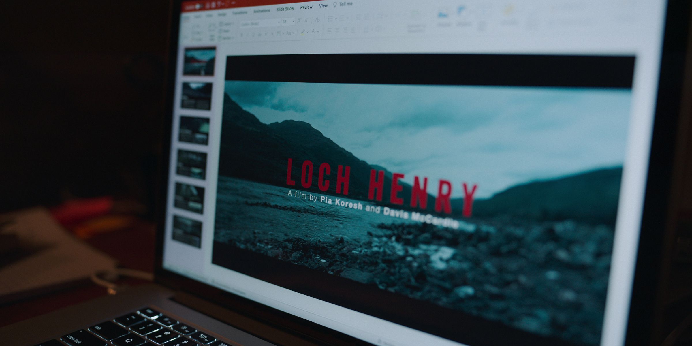 A pitch document on a laptop for a film called “Loch Henry.”