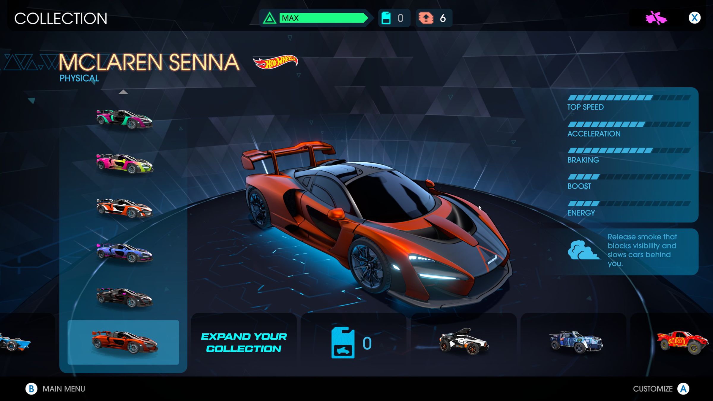 The Senna, showing off the vehicle collection screen with stats and liveries.