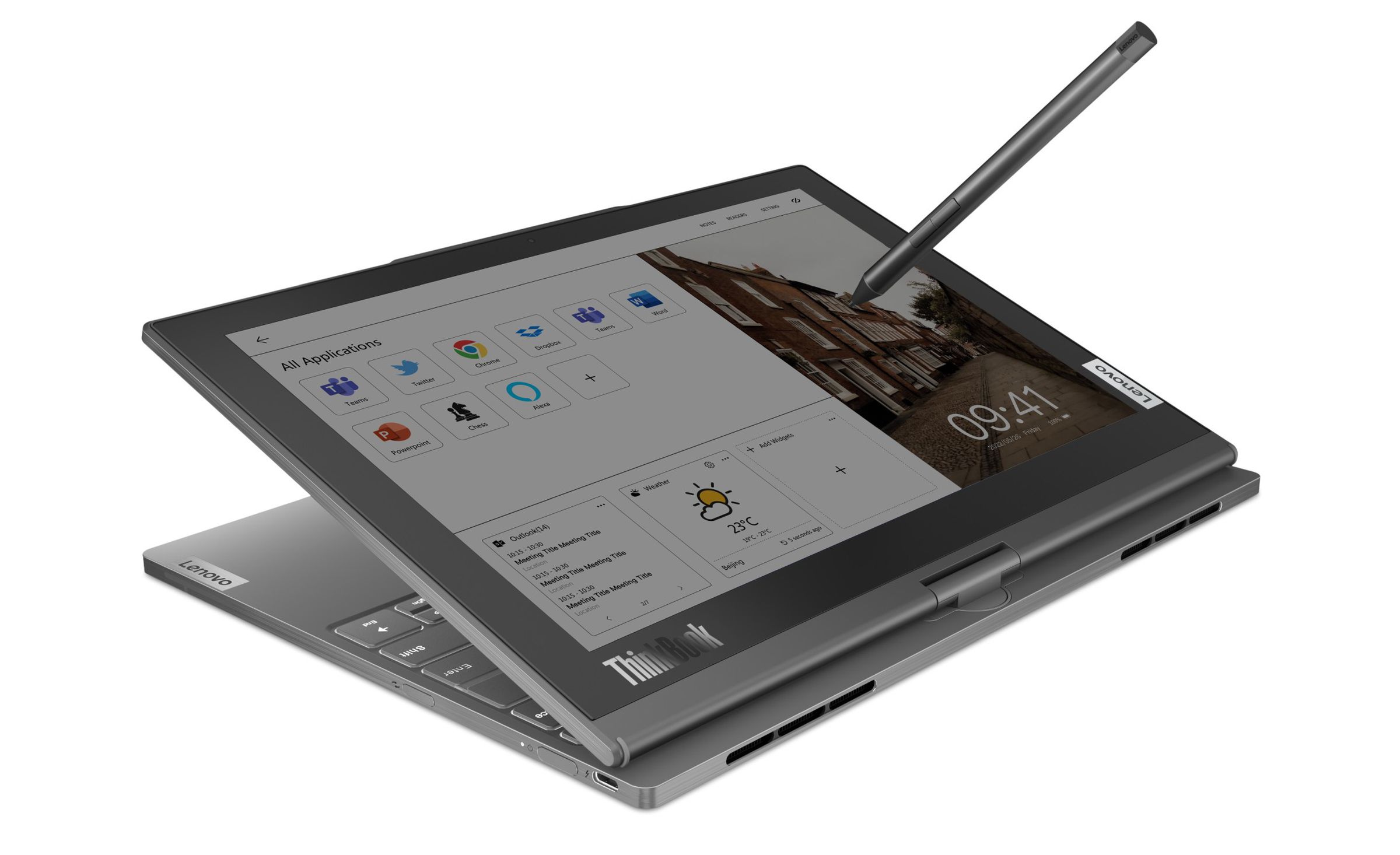 The E-ink side supports a pen, too.