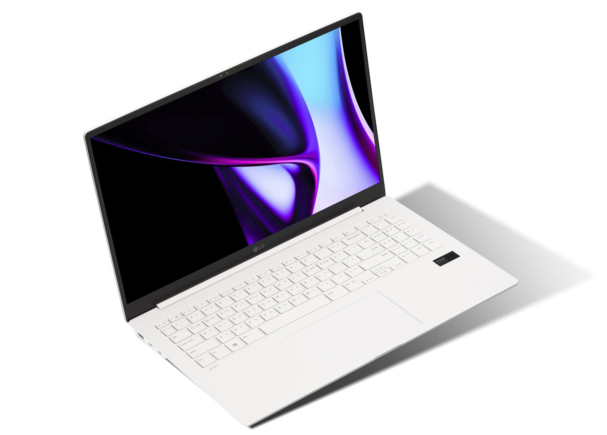 White LG laptop on a white background.
