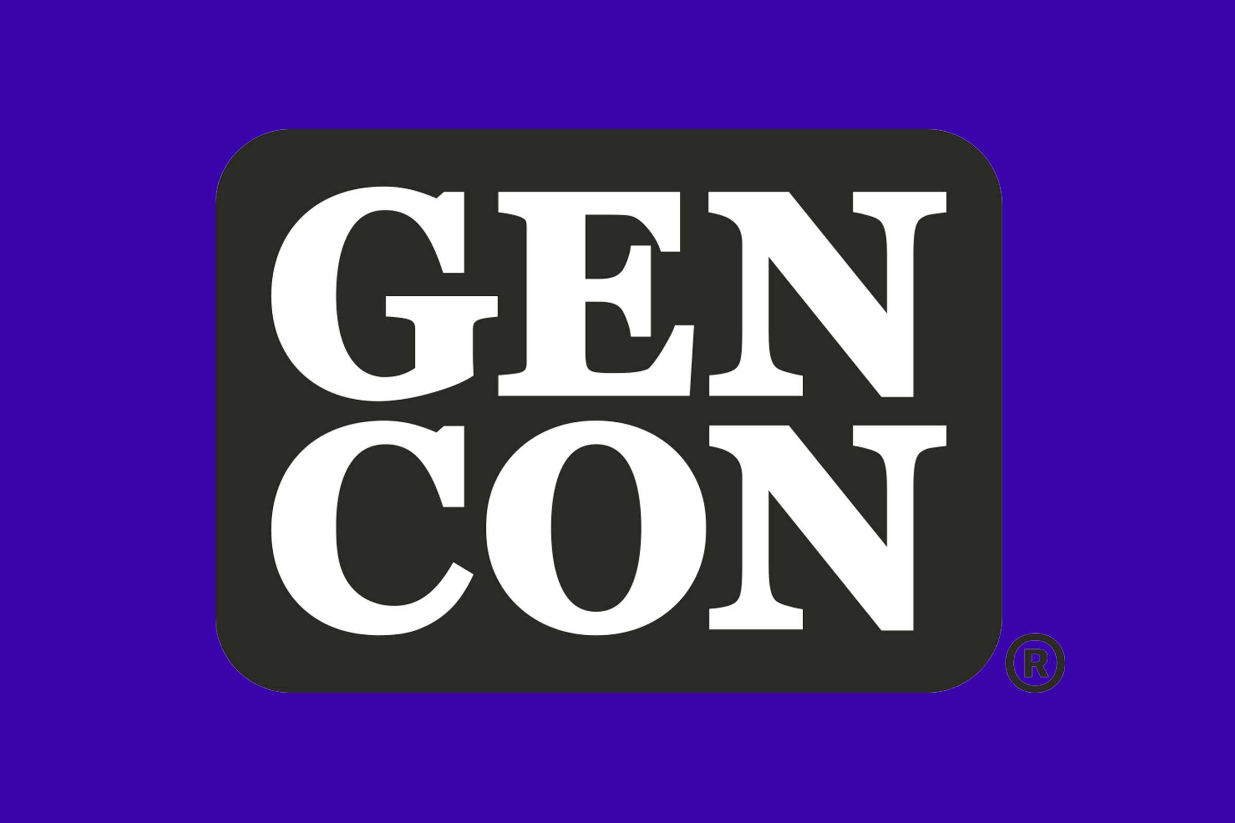 A picture of the Gen Con black and white logo on a dark blue background