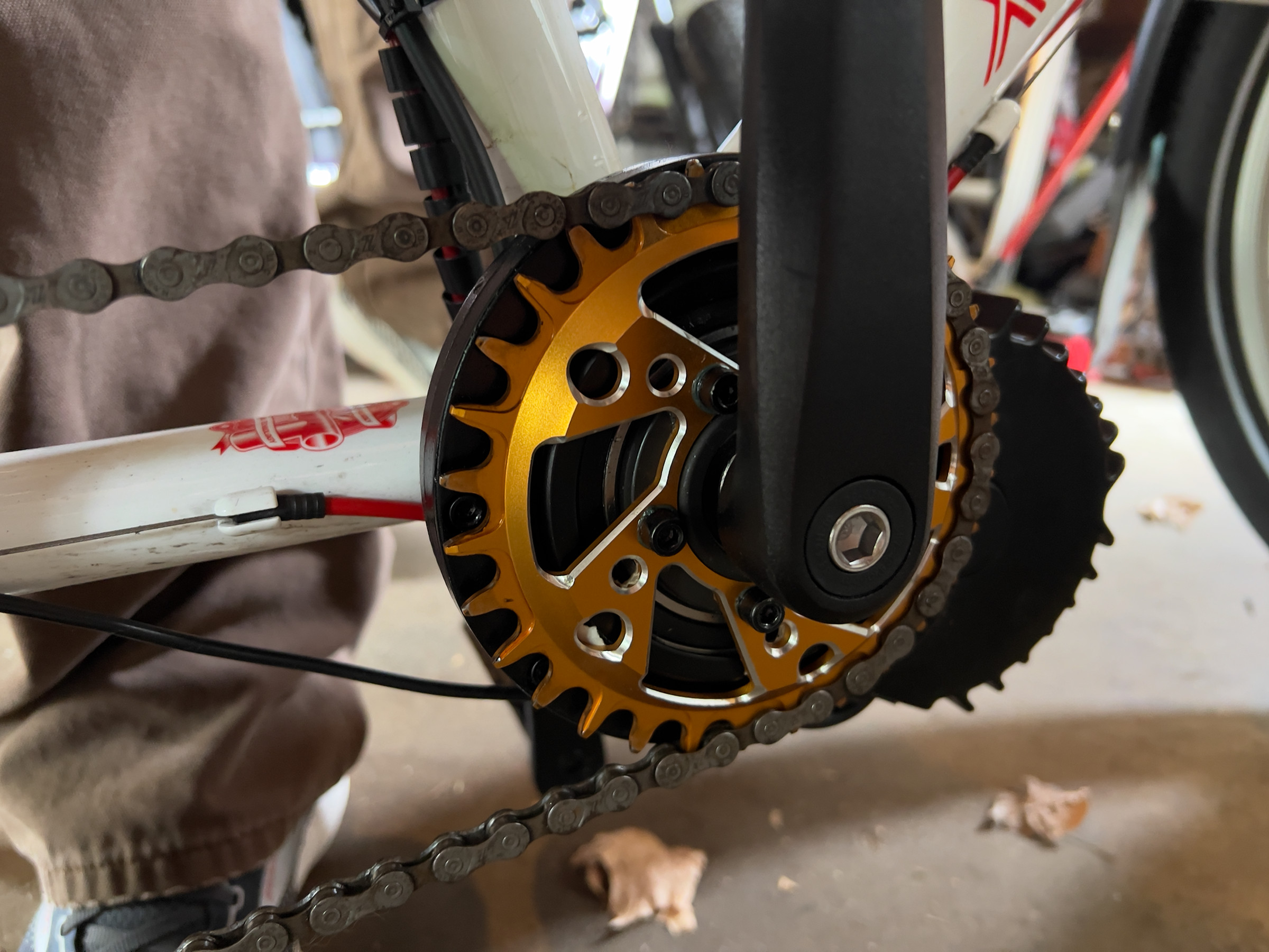 A close-up picture of the chainring installed on the bike.