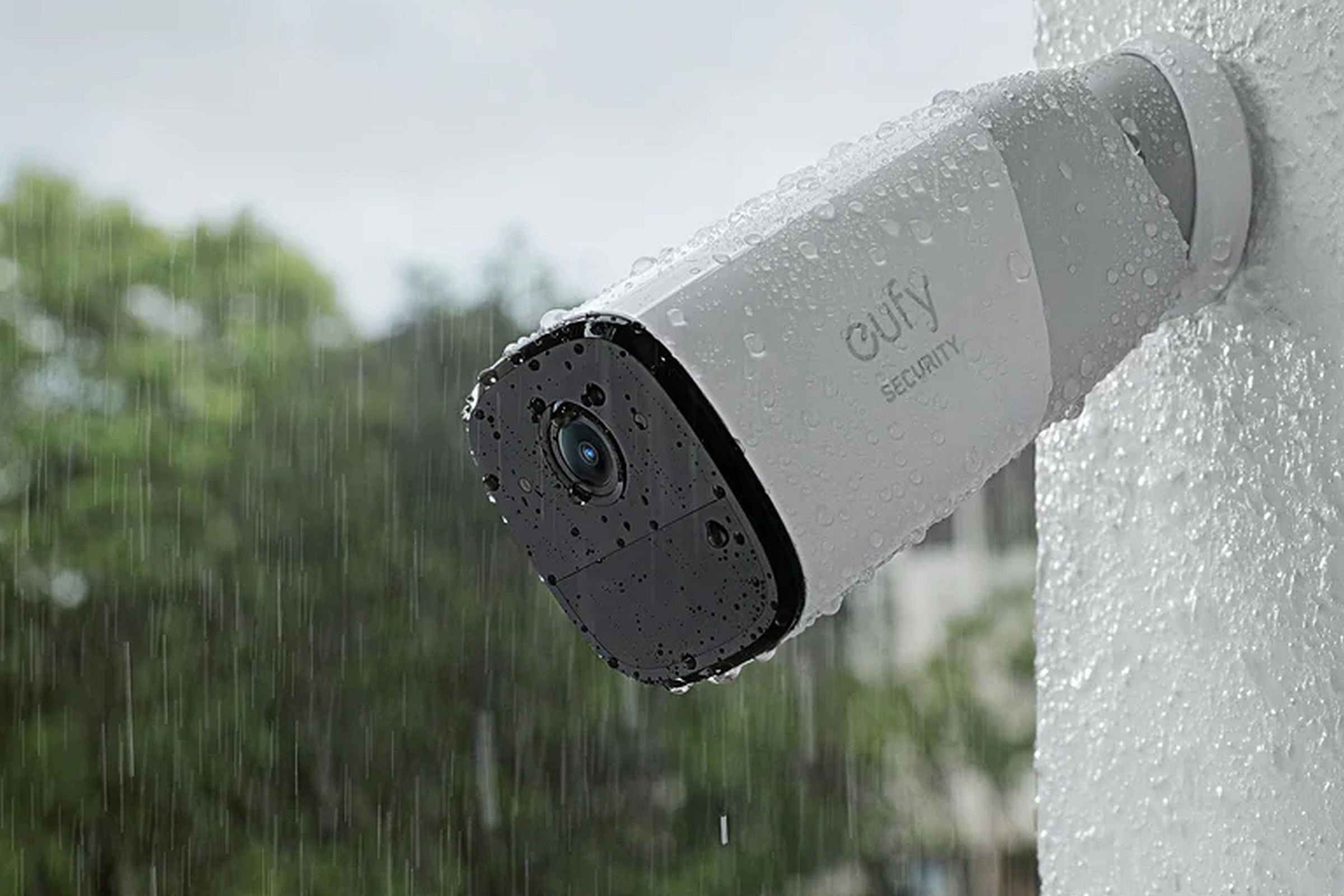 A Eufy camera in the rain.