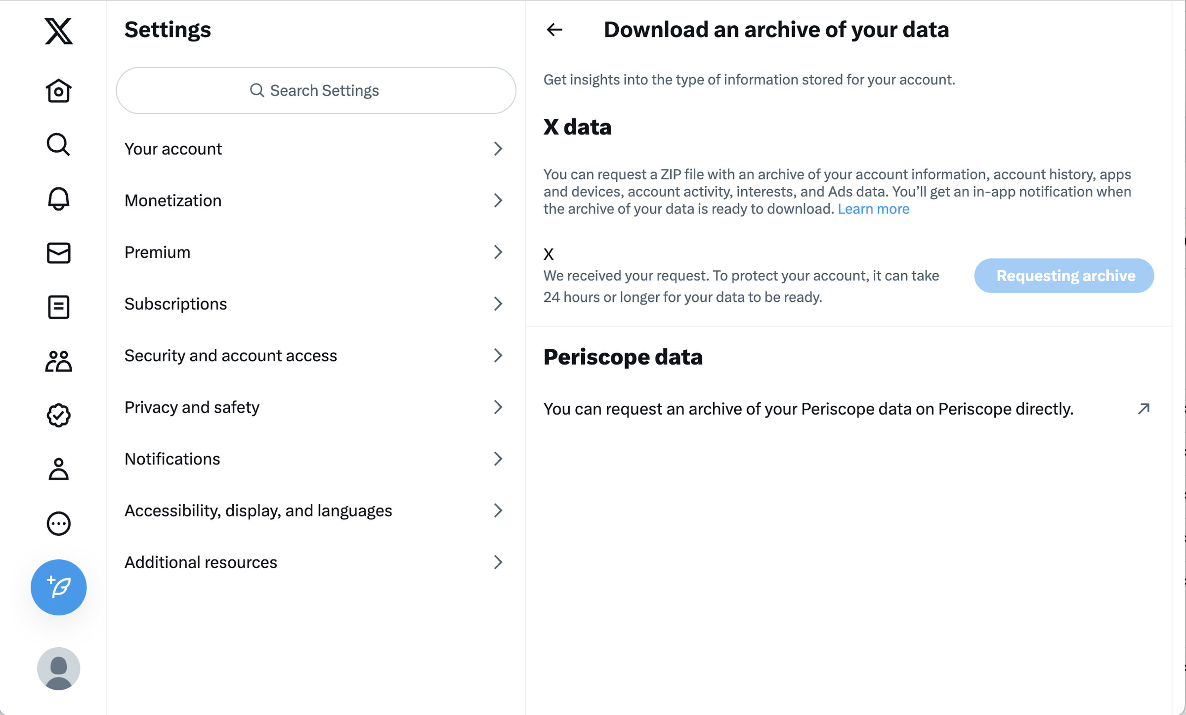 Twitter setup page with Settings on left,  obtain an archive of your data on right.