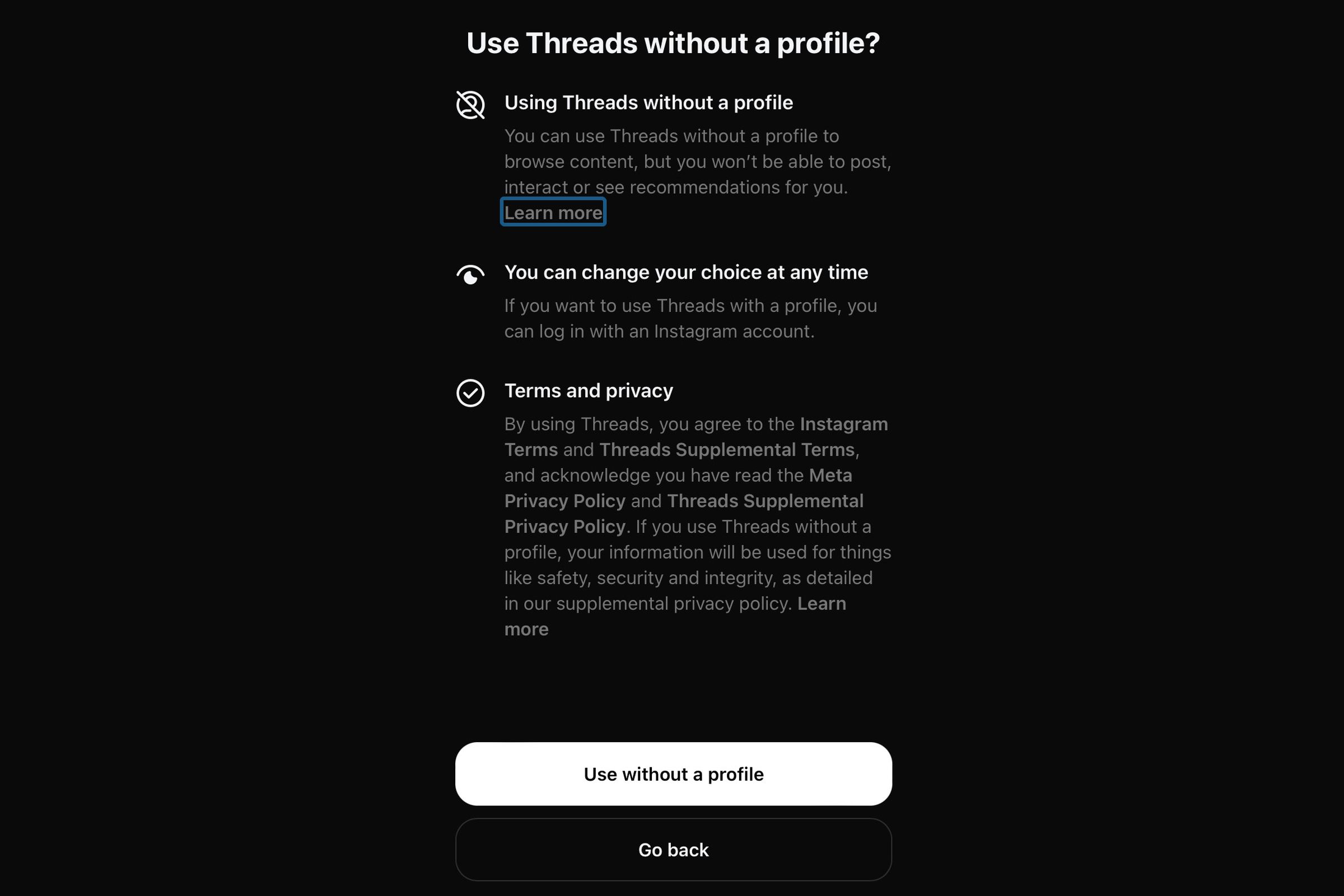 Info screen about using Threads without a profile.