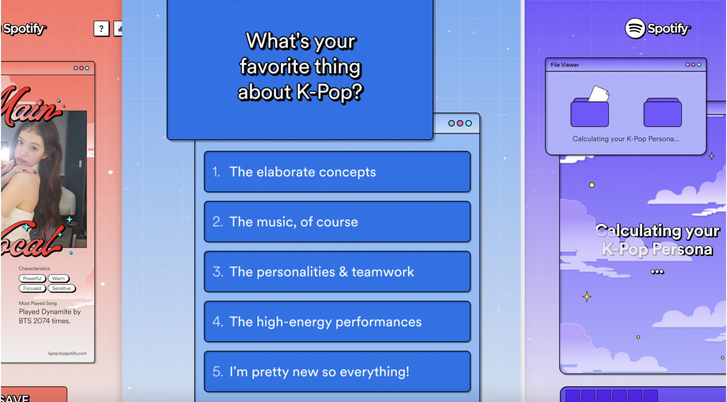 A screenshot of Spotify’s K-Pop Persona interactive quiz that displays the question, “What’s your favorite thing about K-Pop?”