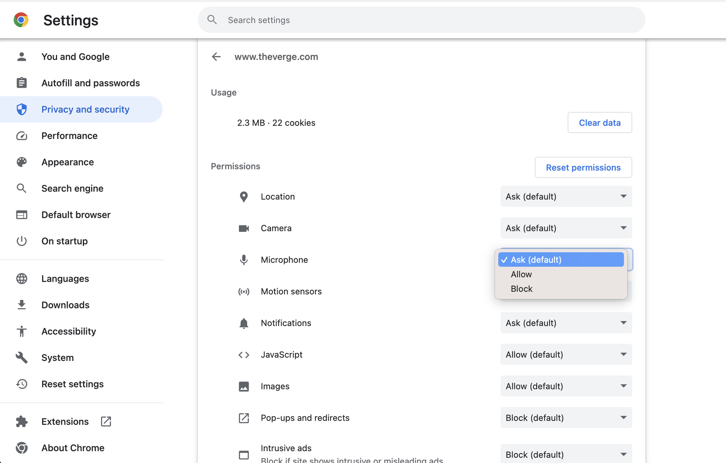 Settings page for Chrome with categories listed in left column, Privacy and security highlighted, and permissions listed in center with drop-down for Ask, Allow, and Block.