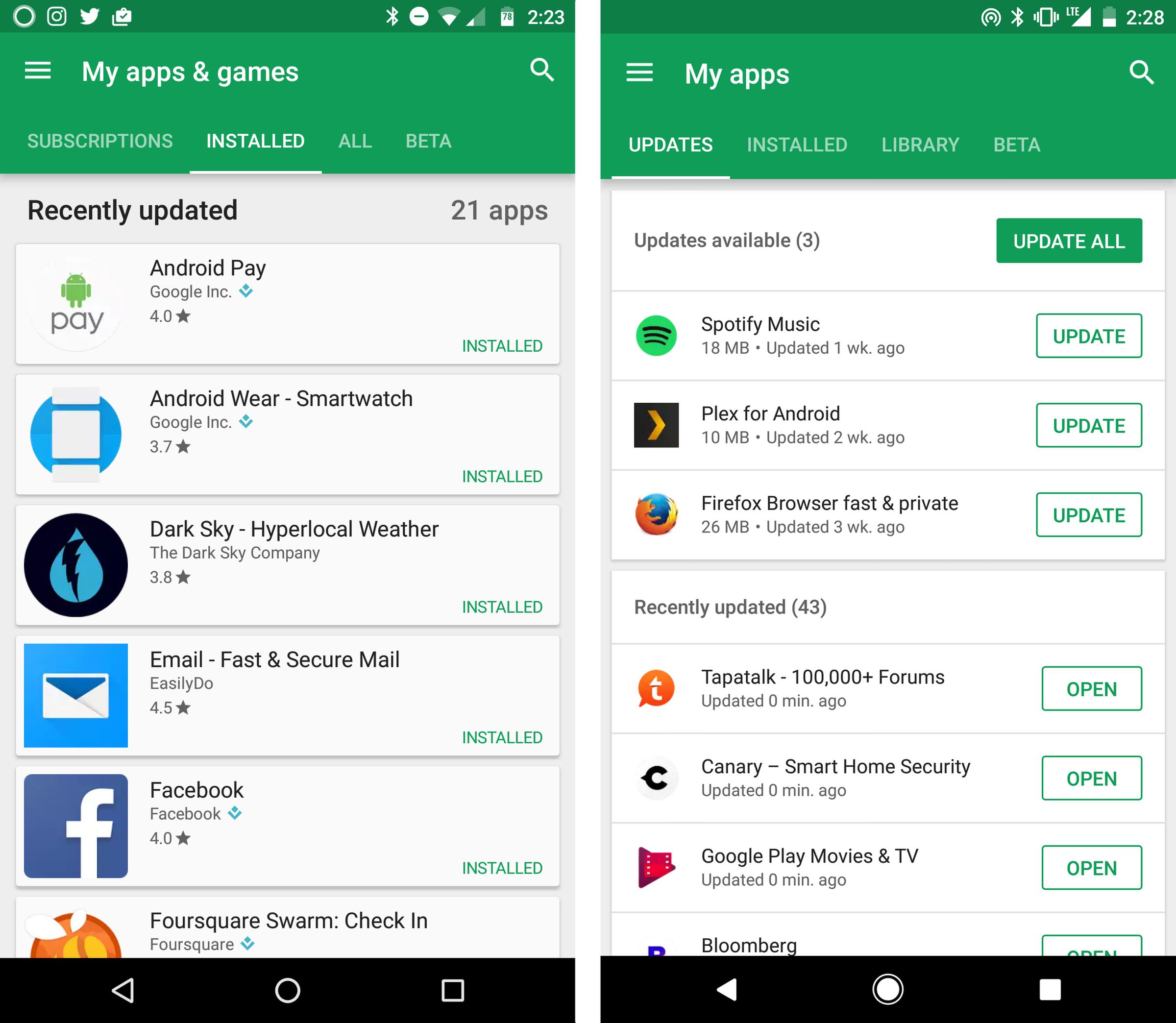 Left: the old “My apps” section in the Play Store. To the right is the new, redesigned look. 