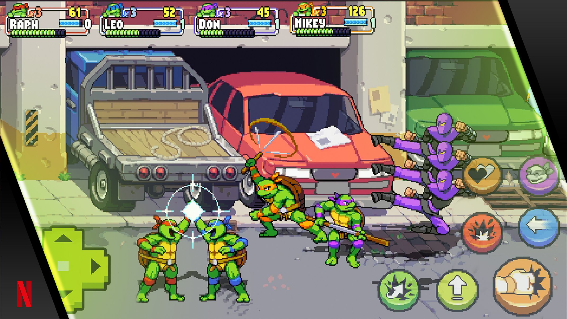 A screenshot of Shredder’s Revenge that features the game’s large onscreen buttons.
