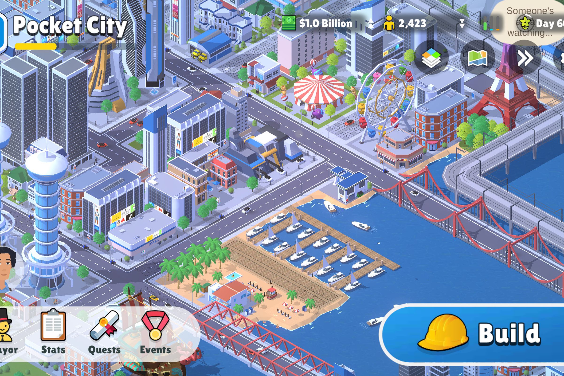 Screenshot of Pocket City 2 game showing buildings, an amusement park, and bridges.