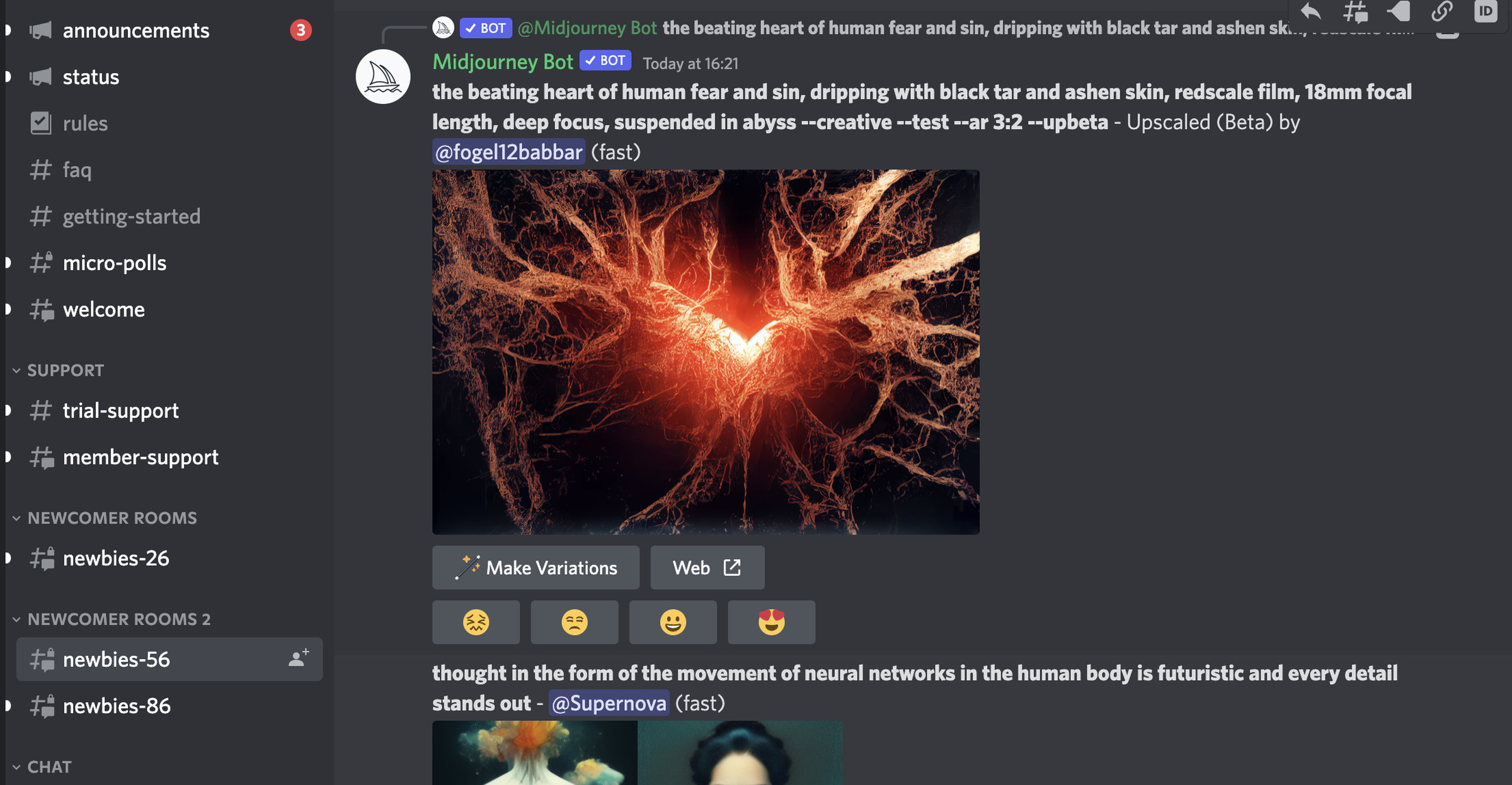 A screenshot of the Midjourney Discord, showing a text prompt a user has fed the system, and the image generated in response. 