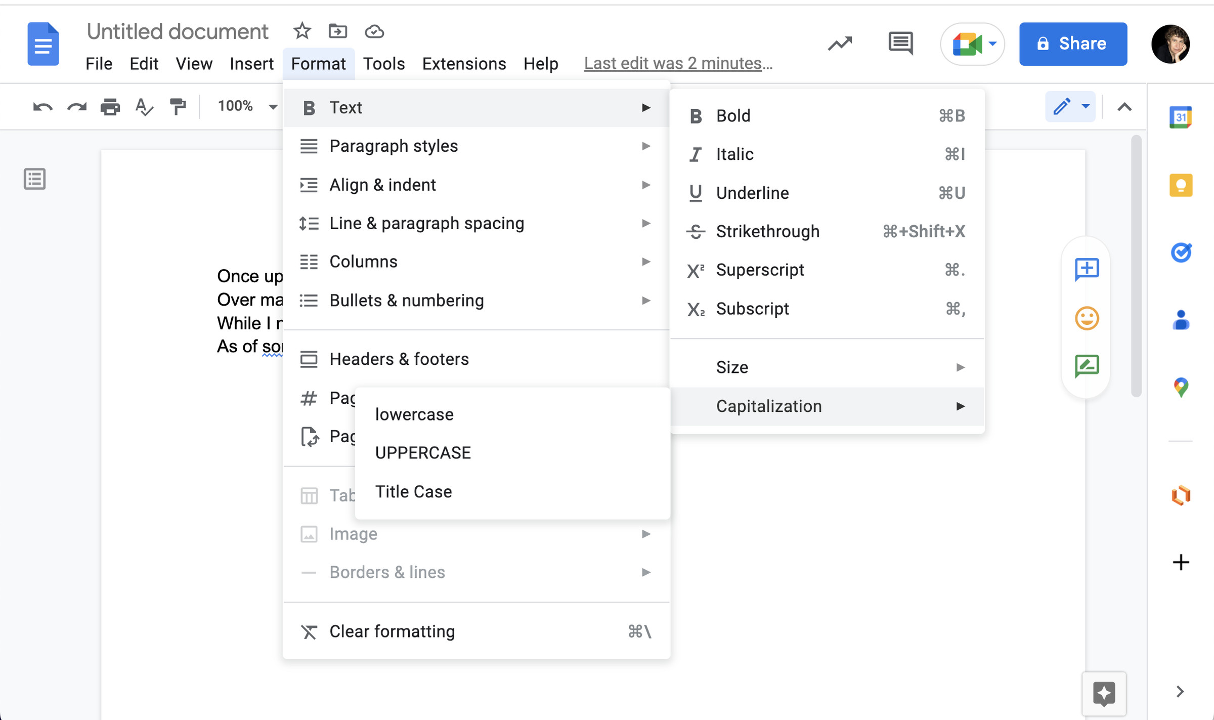 Google Docs page with drop-down menus showing a variety a text formatting options.